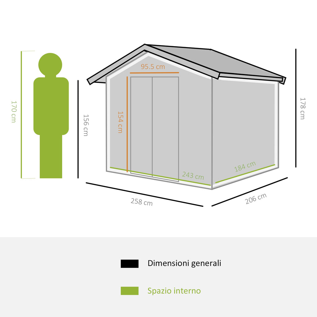 EasyComfort Casetta da Giardino Porta Utensili in Lamiera di Acciaio, Capanno da Giardino in Acciaio with Base e Porte Scorrevoli, 258x206x178cm, Verde