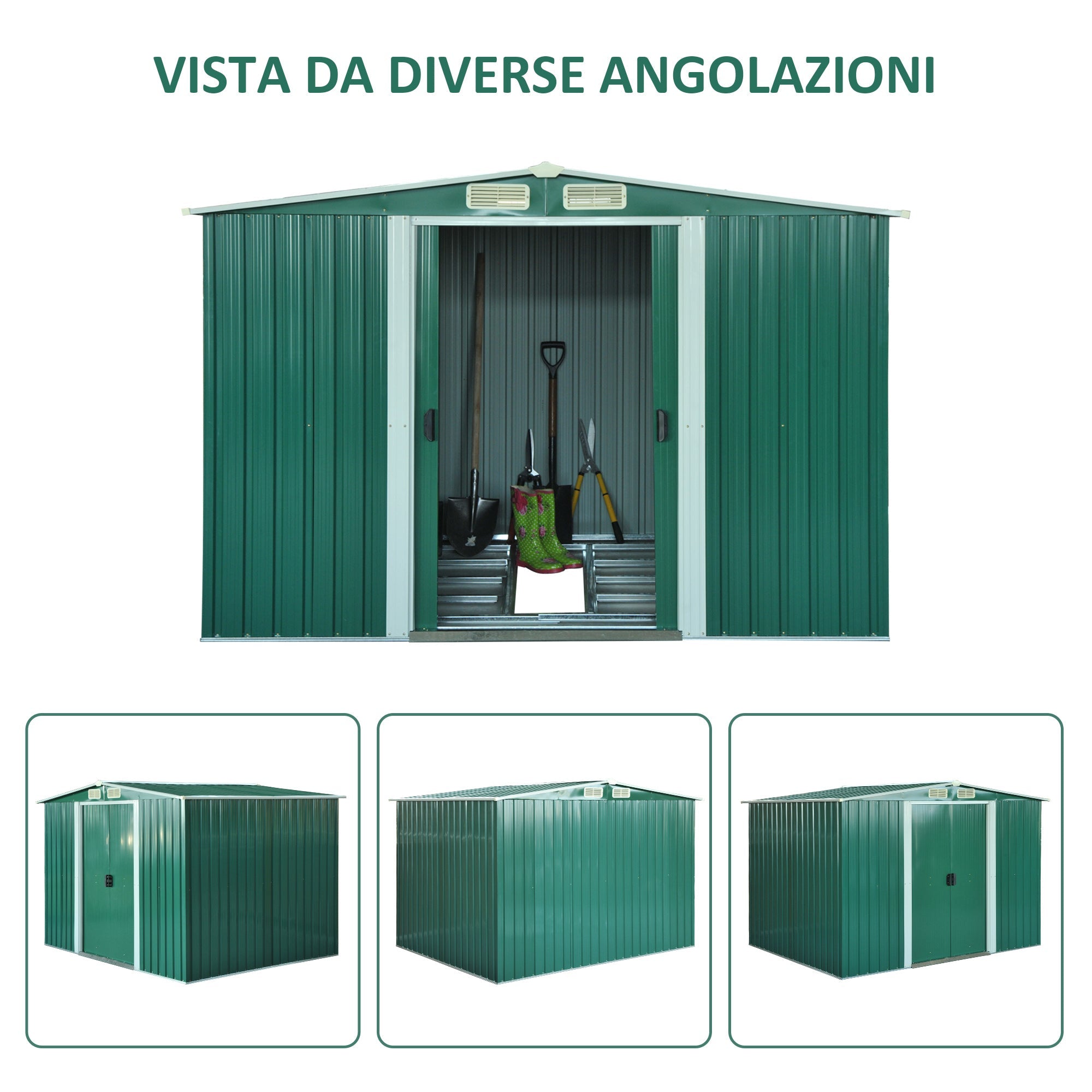 EasyComfort Casetta da Giardino Porta Utensili in Lamiera di Acciaio, Capanno da Giardino in Acciaio with Base e Porte Scorrevoli, 258x206x178cm, Verde