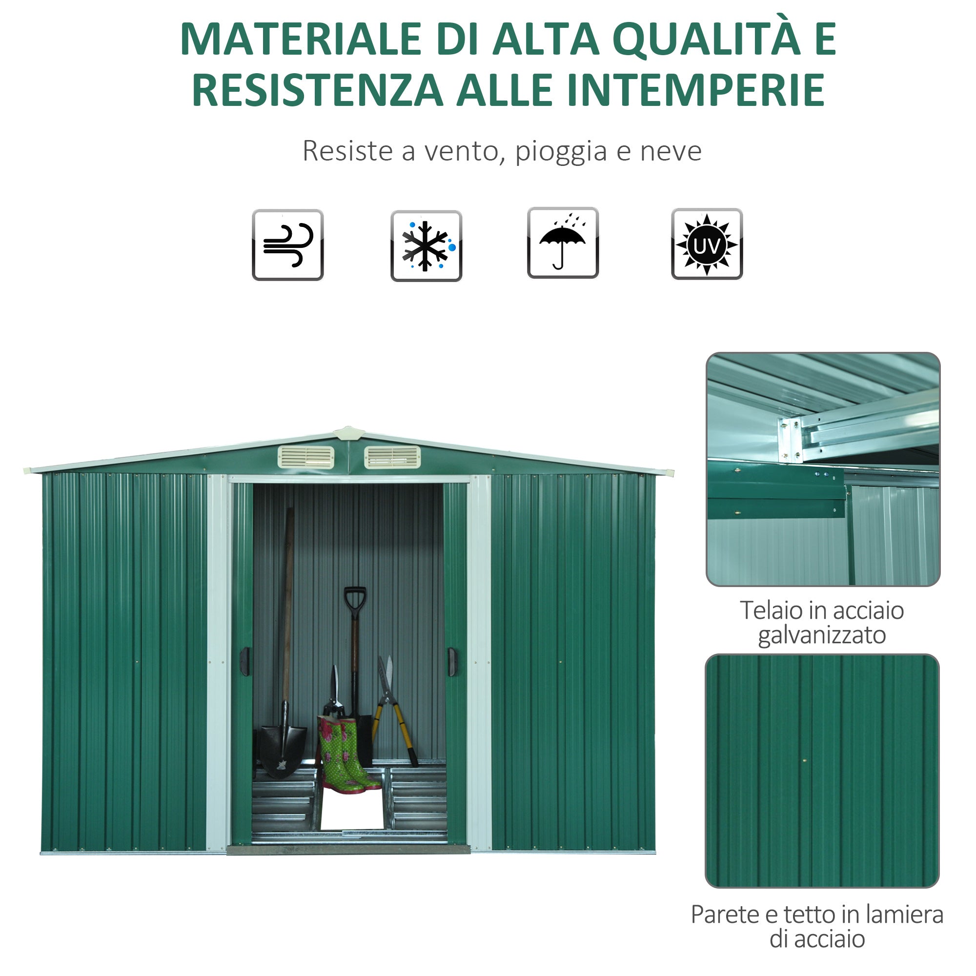 EasyComfort Casetta da Giardino Porta Utensili in Lamiera di Acciaio, Capanno da Giardino in Acciaio with Base e Porte Scorrevoli, 258x206x178cm, Verde