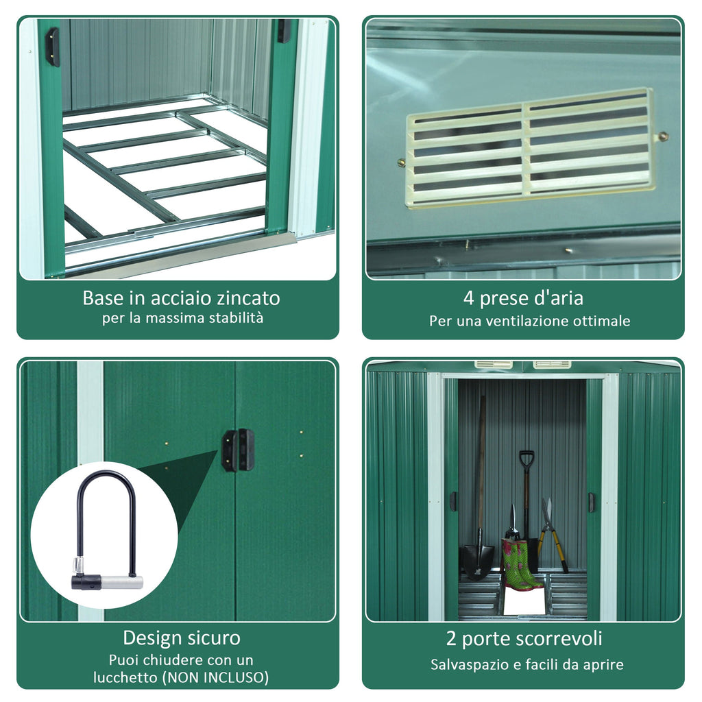 EasyComfort Casetta da Giardino Porta Utensili in Lamiera di Acciaio, Capanno da Giardino in Acciaio with Base e Porte Scorrevoli, 258x206x178cm, Verde