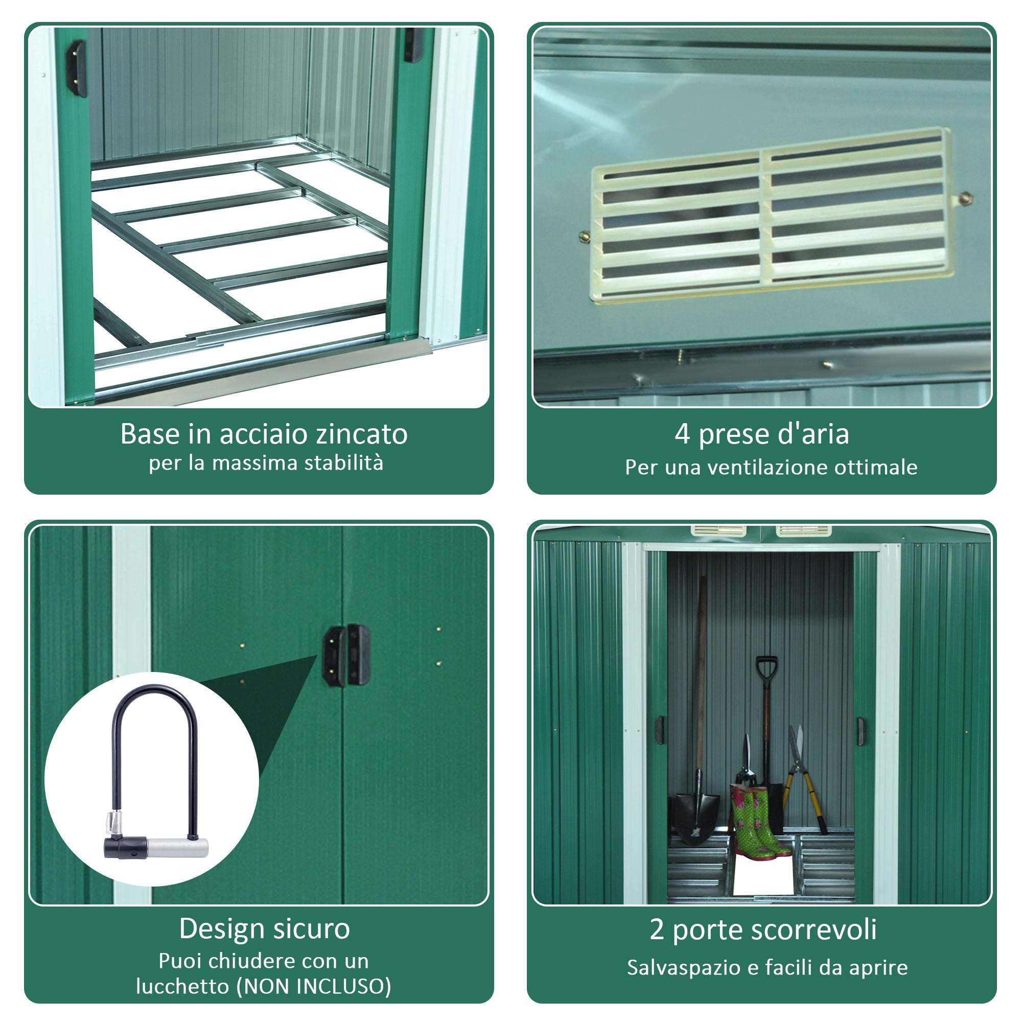 EasyComfort Casetta da Giardino Porta Utensili in Lamiera di Acciaio, Capanno da Giardino in Acciaio with Base e Porte Scorrevoli, 258x206x178cm, Verde