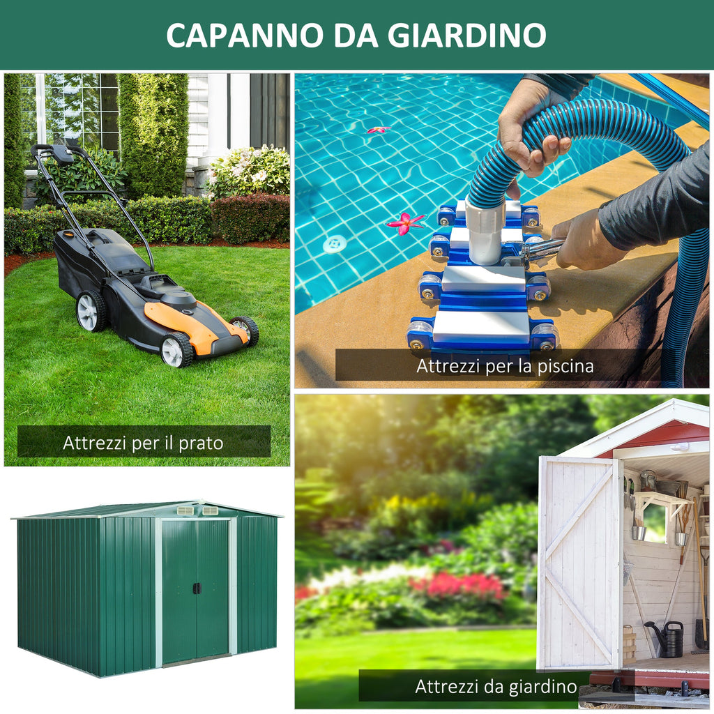 EasyComfort Casetta da Giardino Porta Utensili in Lamiera di Acciaio, Capanno da Giardino in Acciaio with Base e Porte Scorrevoli, 258x206x178cm, Verde