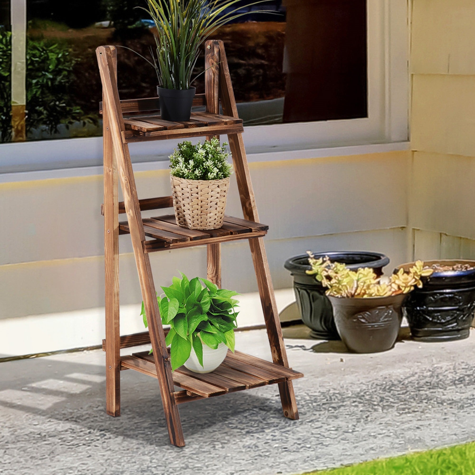 EASYCOMFORT Folding Plant Stand in Fir Wood with 3 Levels Outdoor Shelf for Plants Flower Racks 40x37x93cm