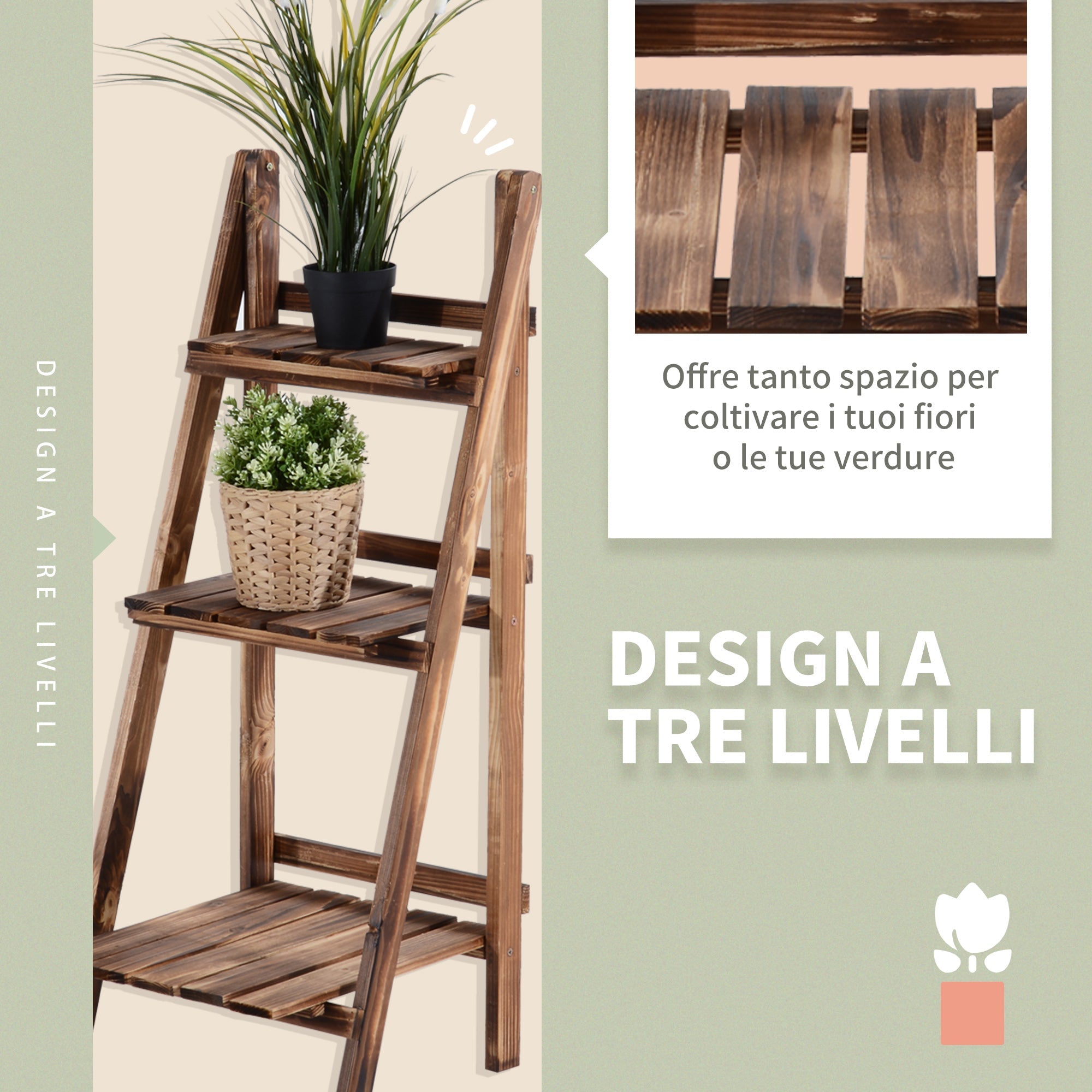 EASYCOMFORT Folding Plant Stand in Fir Wood with 3 Levels Outdoor Shelf for Plants Flower Racks 40x37x93cm