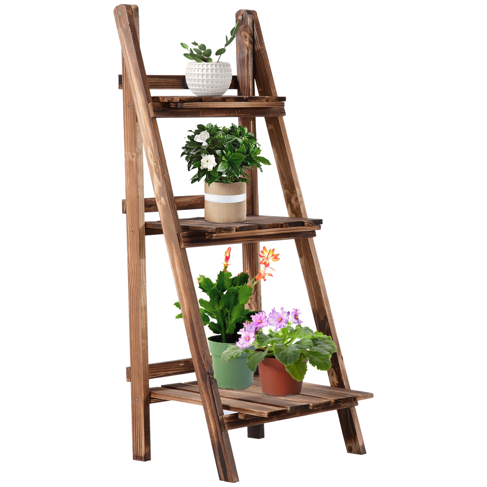EASYCOMFORT Folding Plant Stand in Fir Wood with 3 Levels Outdoor Shelf for Plants Flower Racks 40x37x93cm