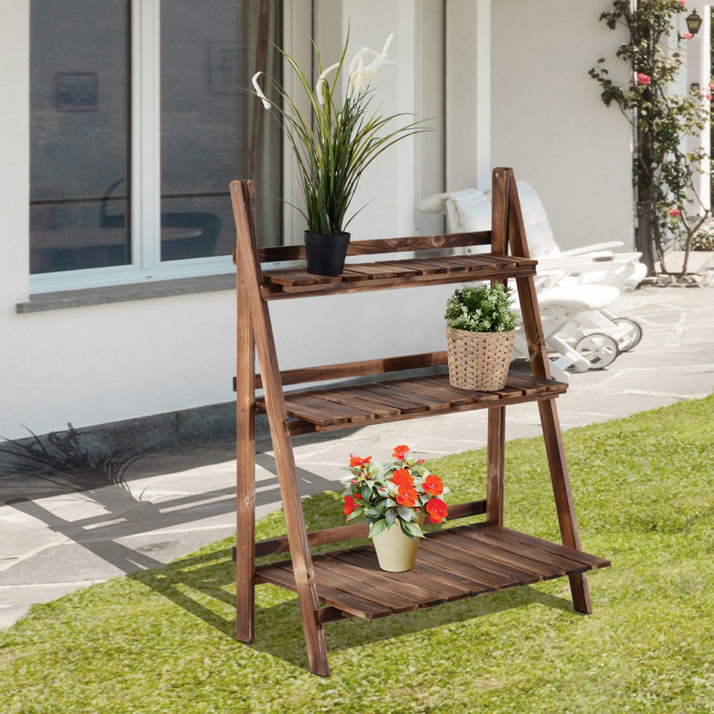 EASYCOMFORT Folding Plant Rack Pot Holder in Fir Wood with 3 Levels for Outdoor 80x37x93cm