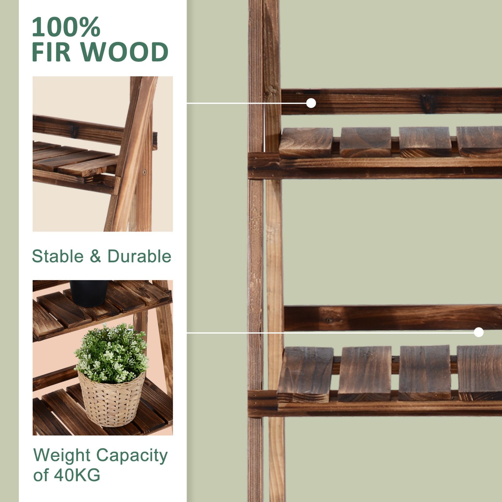 EASYCOMFORT Folding Plant Rack Pot Holder in Fir Wood with 3 Levels for Outdoor 80x37x93cm