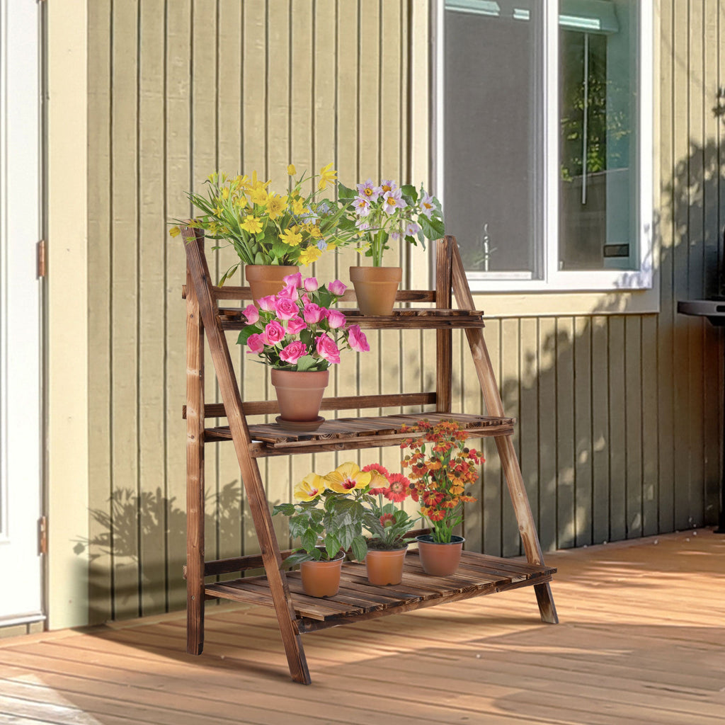 EASYCOMFORT Folding Plant Stand in Fir Wood with 3 Levels Outdoor Shelf for Plants Flower Racks 100x37x93cm