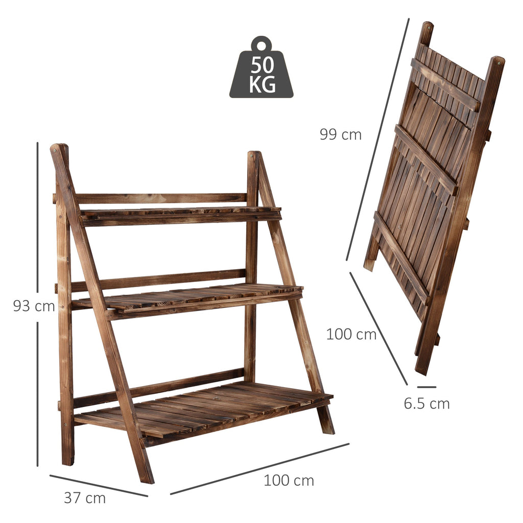 EASYCOMFORT Folding Plant Stand in Fir Wood with 3 Levels Outdoor Shelf for Plants Flower Racks 100x37x93cm