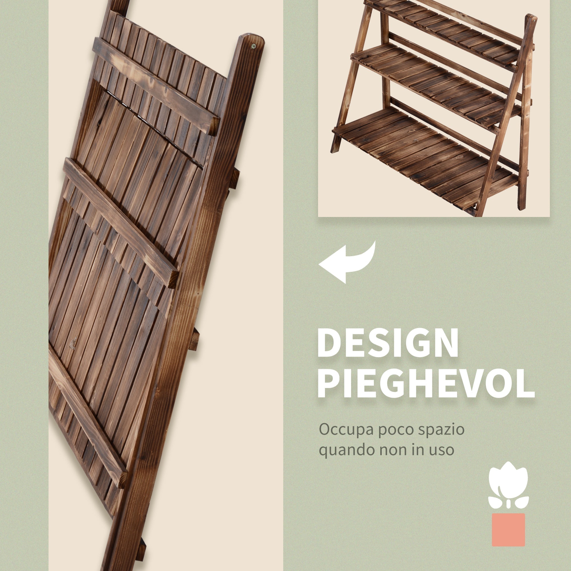 EASYCOMFORT Folding Plant Stand in Fir Wood with 3 Levels Outdoor Shelf for Plants Flower Racks 100x37x93cm