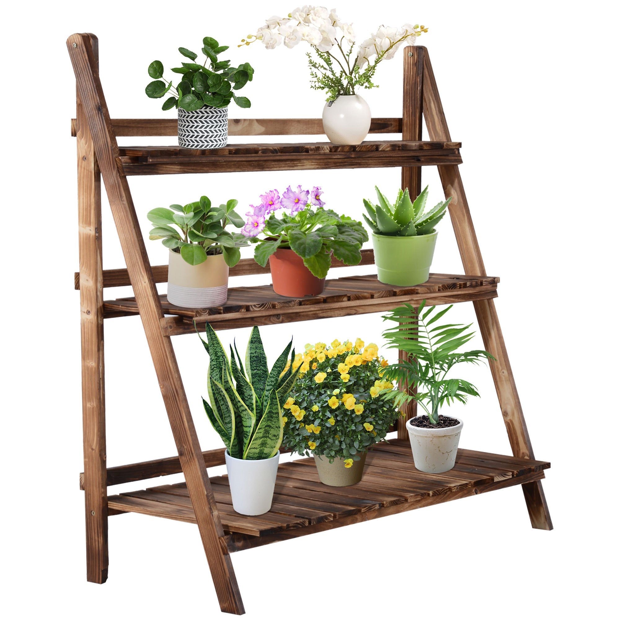 EASYCOMFORT Folding Plant Stand in Fir Wood with 3 Levels Outdoor Shelf for Plants Flower Racks 100x37x93cm