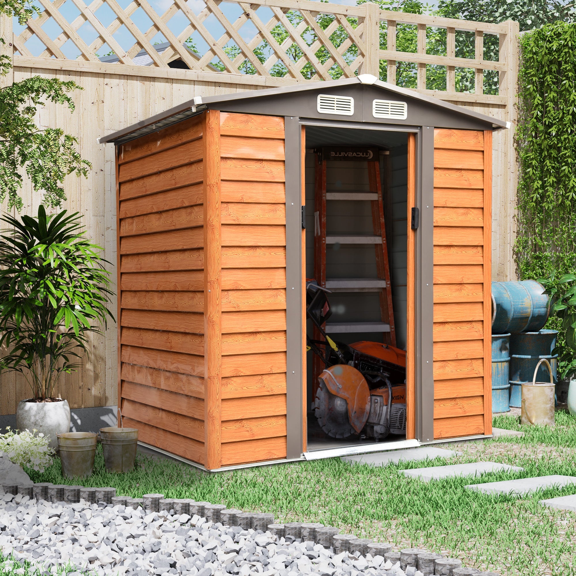 EASYCOMFORT Garden Shed in steel and PP with air vents, 197.5x160x178-201cm, Brown