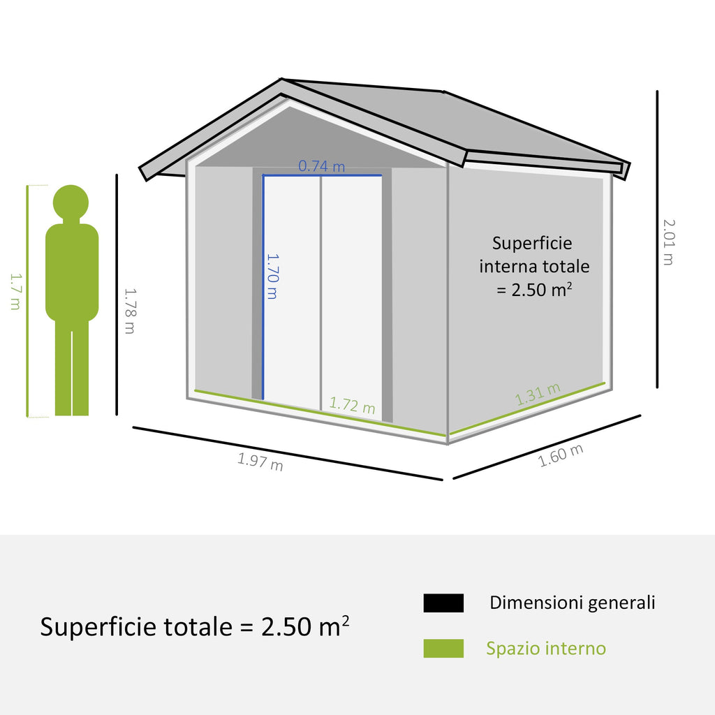 EASYCOMFORT Garden Shed in steel and PP with air vents, 197.5x160x178-201cm, Brown