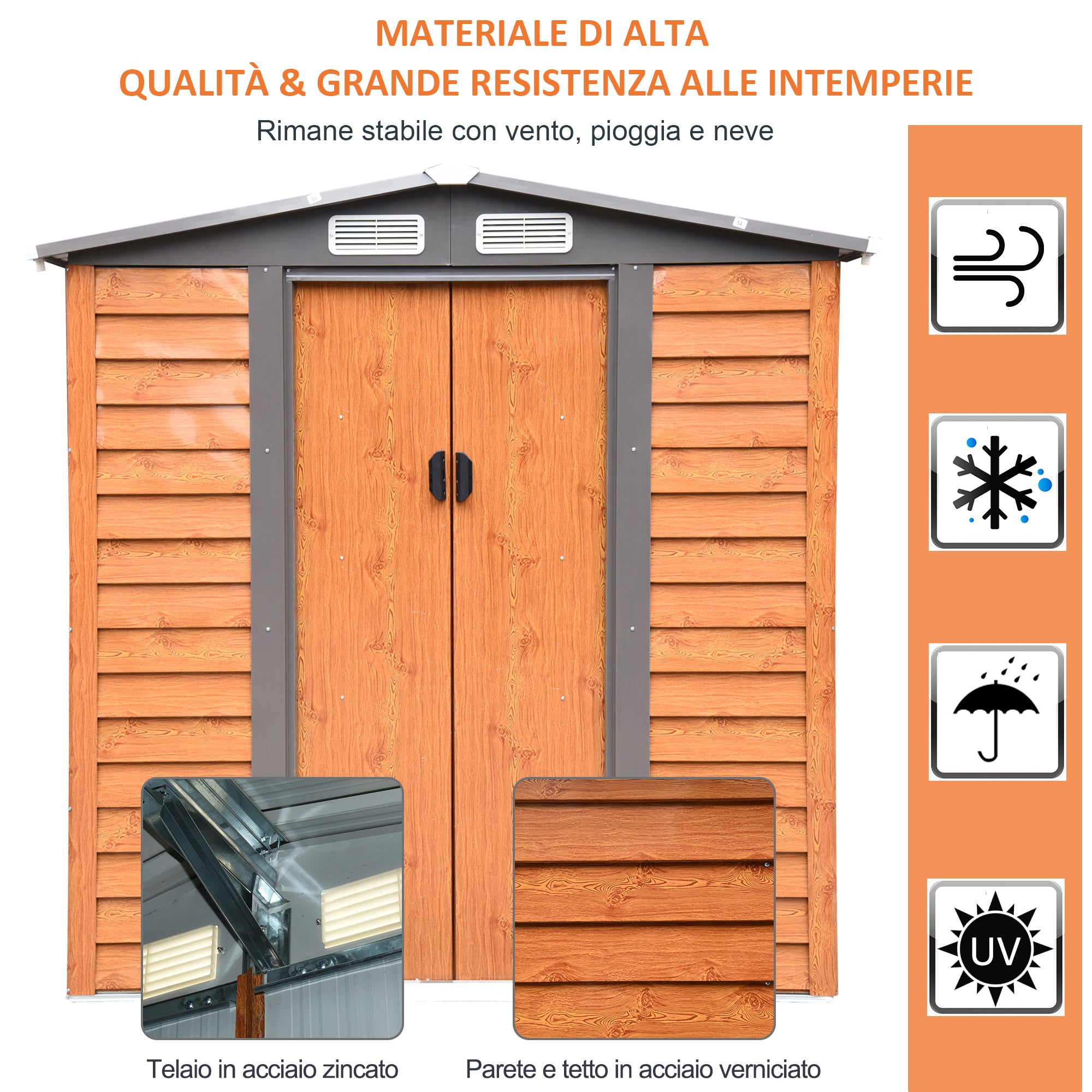 EASYCOMFORT Garden Shed in steel and PP with air vents, 197.5x160x178-201cm, Brown
