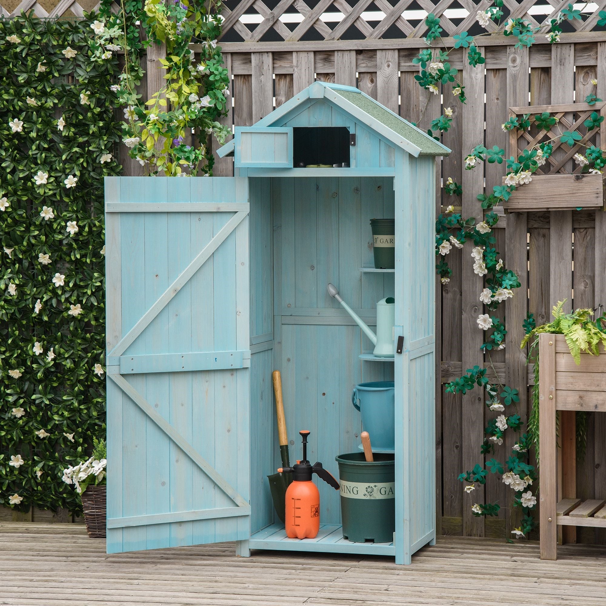 EASYCOMFORT Garden Shed Wooden Tool Holder with 3 Shelves, 77x54.2x179cm, Blue