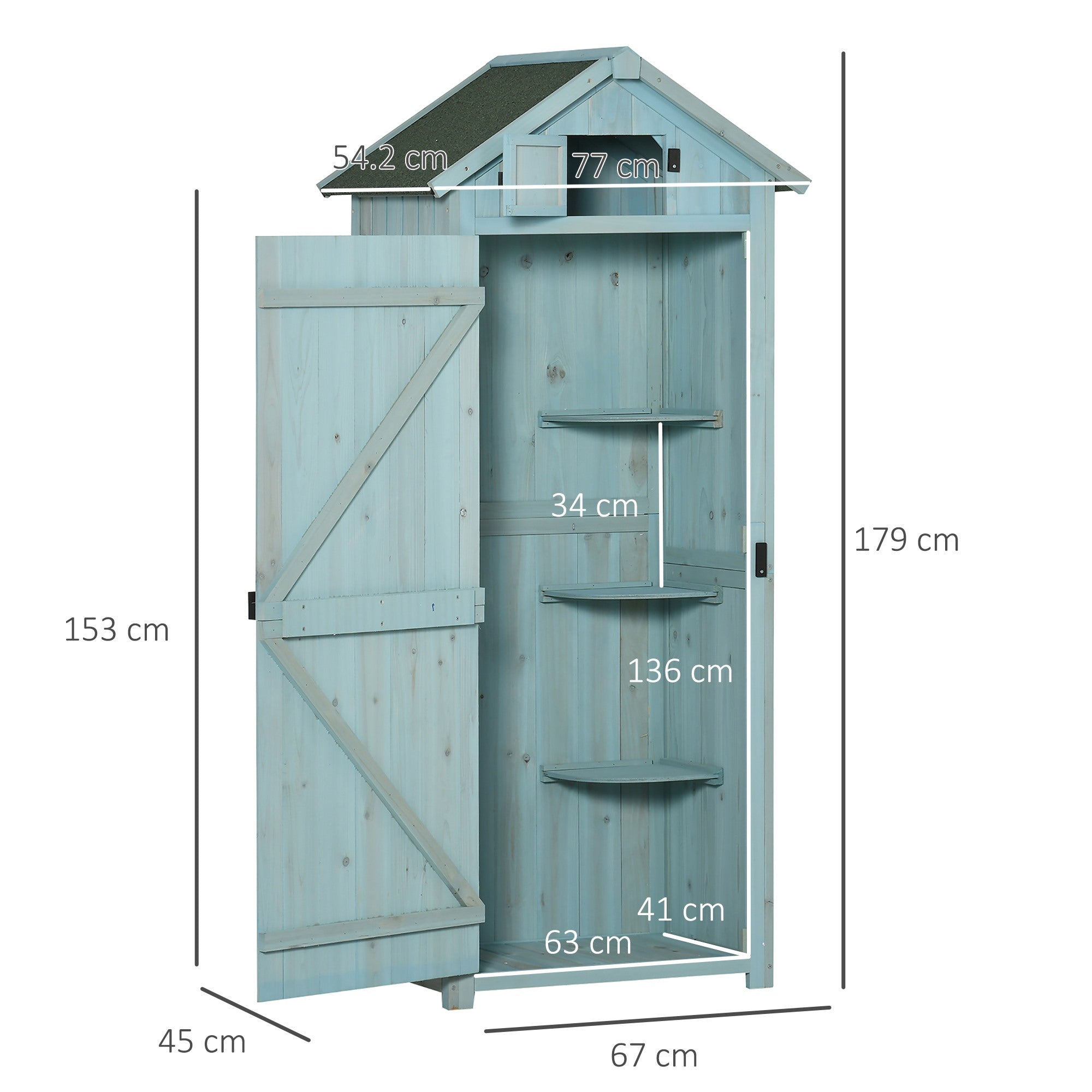 EASYCOMFORT Garden Shed Wooden Tool Holder with 3 Shelves, 77x54.2x179cm, Blue
