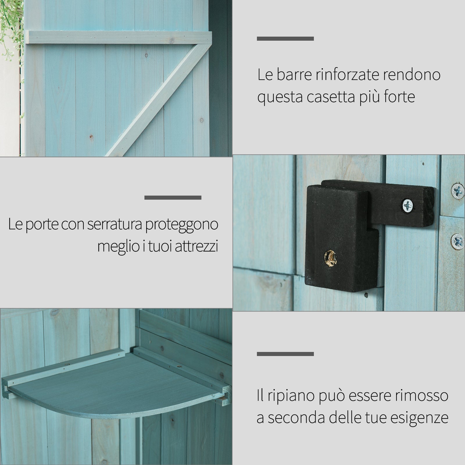 EASYCOMFORT Garden Shed Wooden Tool Holder with 3 Shelves, 77x54.2x179cm, Blue