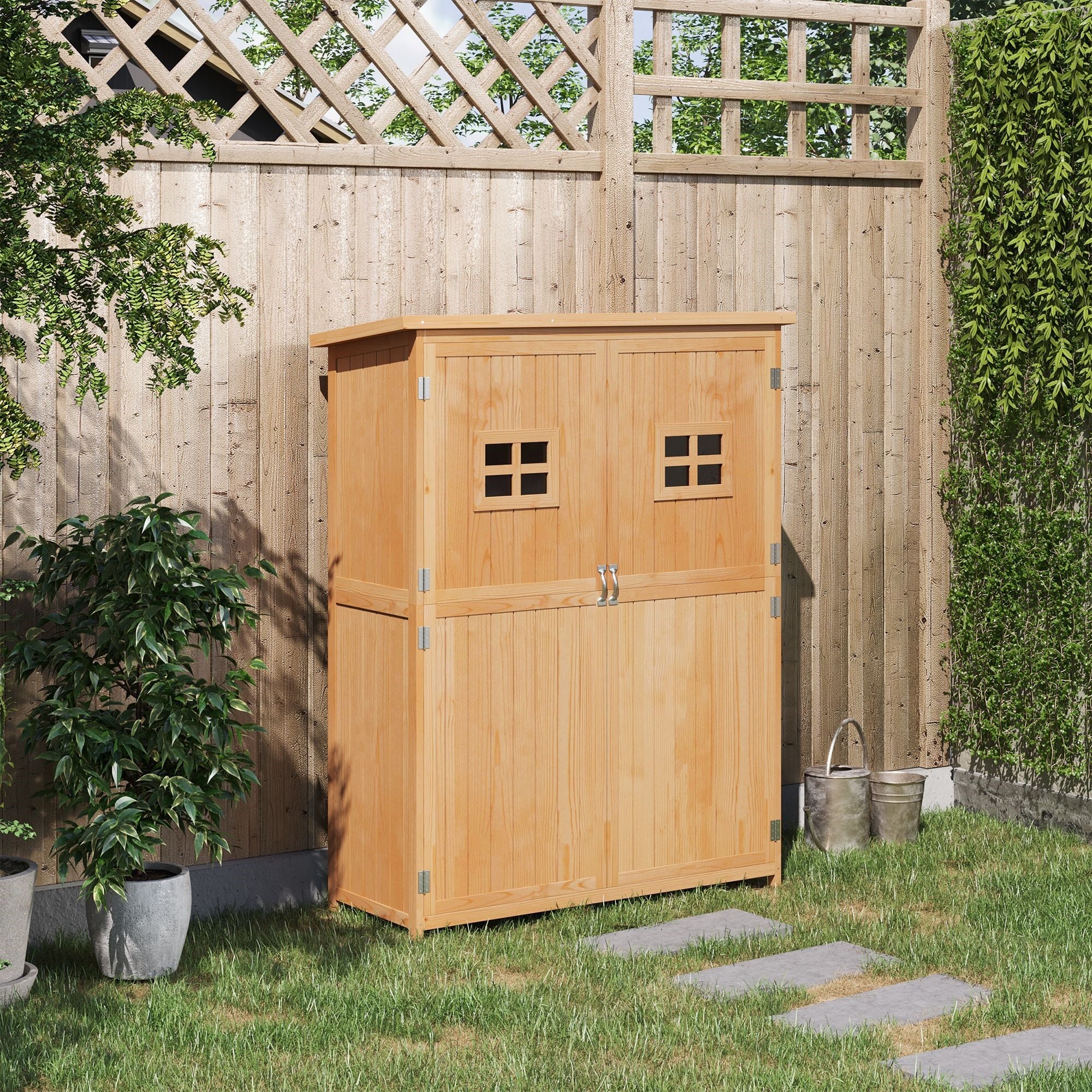 EASYCOMFORT Wooden Garden Shed with Double Door, Shelves and Windows, 127.5x50x164cm