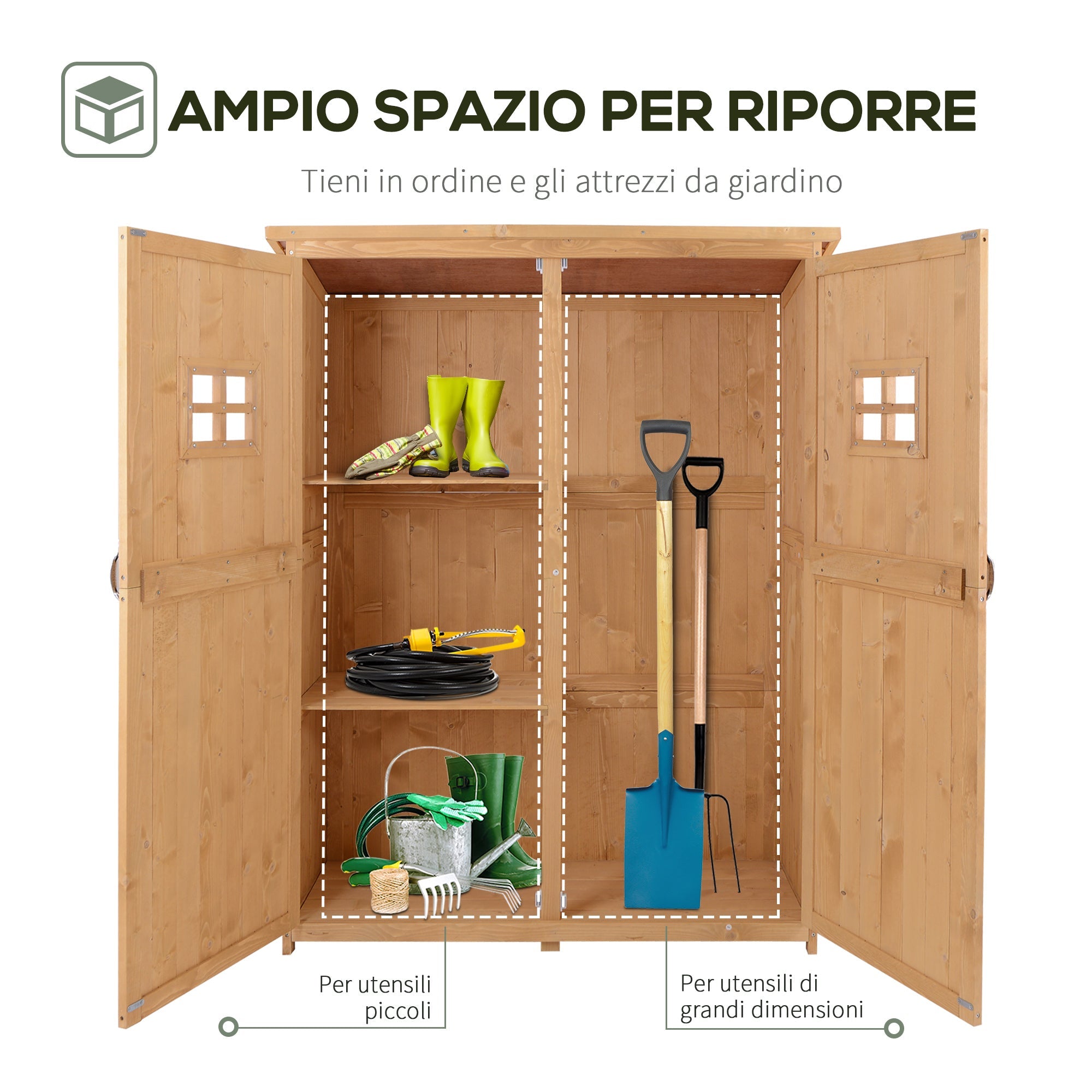 EASYCOMFORT Wooden Garden Shed with Double Door, Shelves and Windows, 127.5x50x164cm