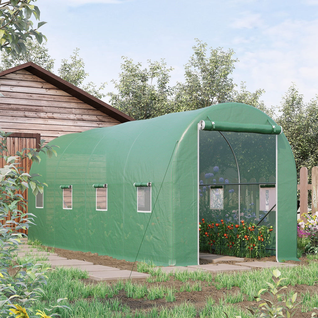 EASYCOMFORT Garden Tunnel Greenhouse 5x2x2 m with 8 Windows and Roller Door, Green