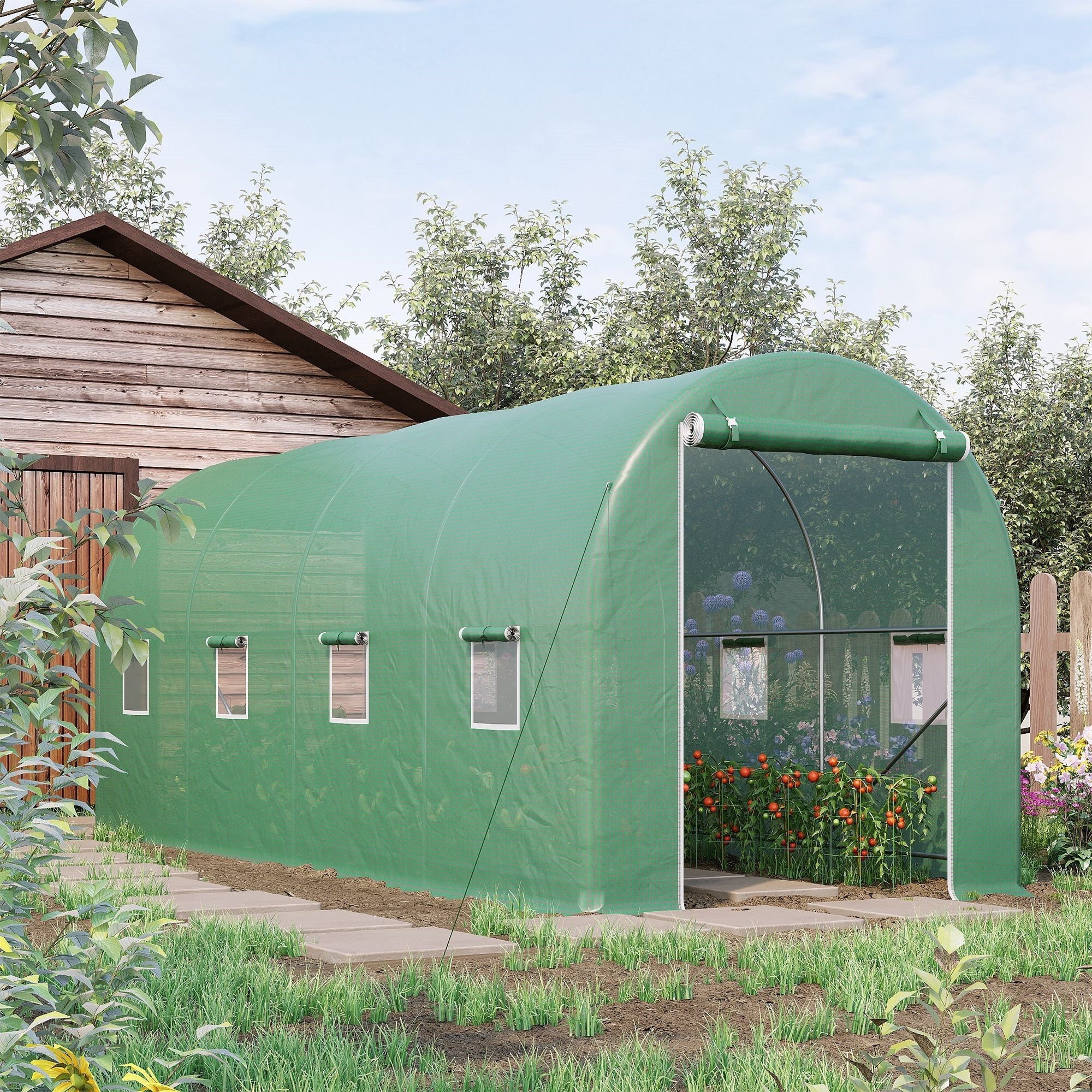EASYCOMFORT Garden Tunnel Greenhouse 5x2x2 m with 8 Windows and Roller Door, Green