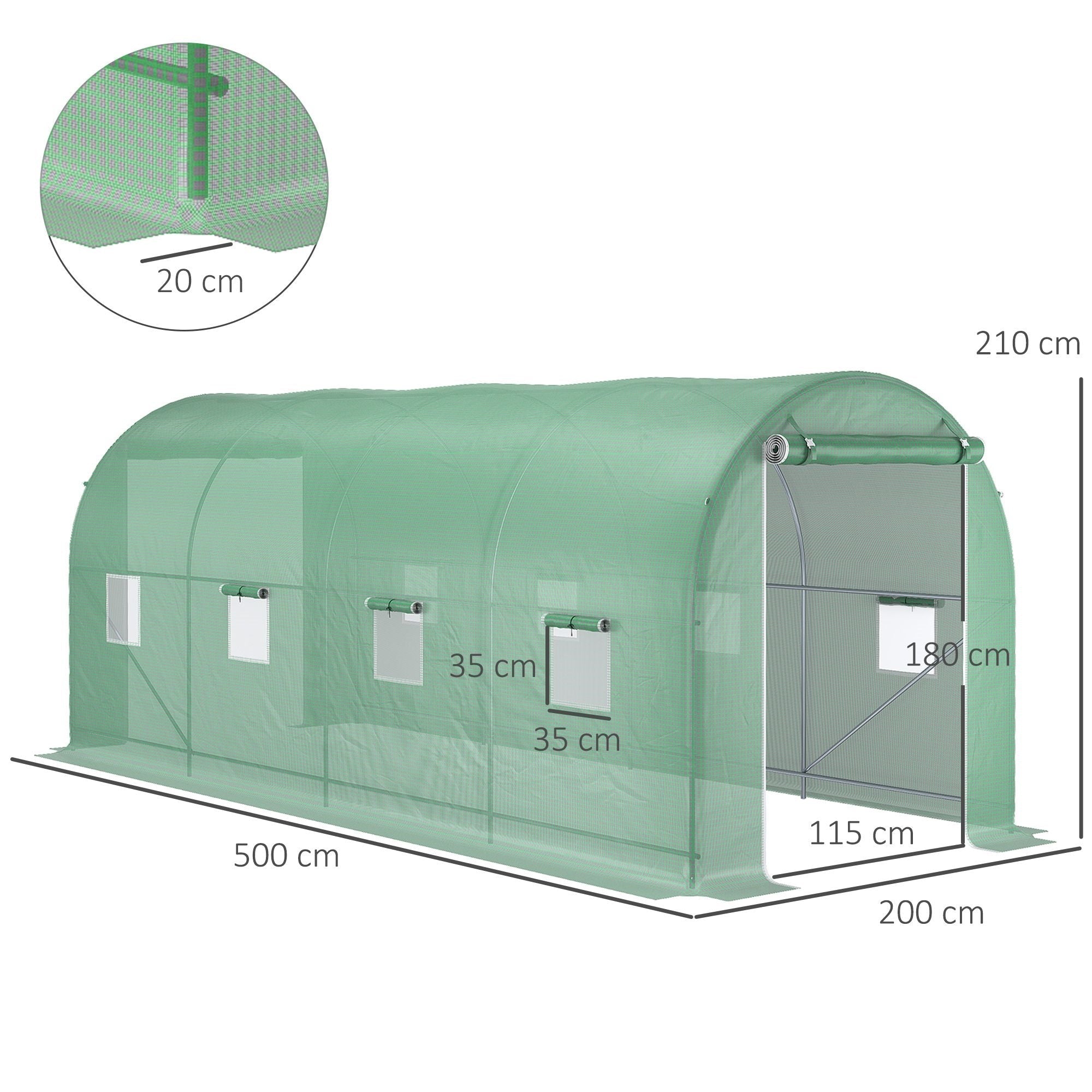 EASYCOMFORT Garden Tunnel Greenhouse 5x2x2 m with 8 Windows and Roller Door, Green