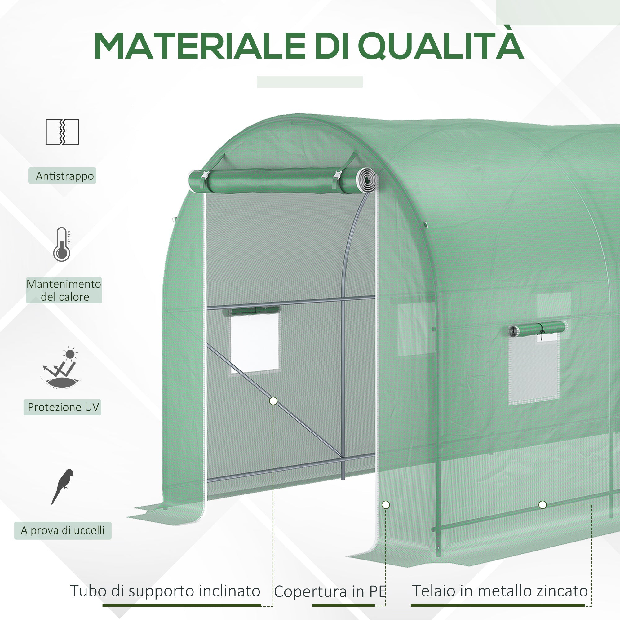 EASYCOMFORT Garden Tunnel Greenhouse 5x2x2 m with 8 Windows and Roller Door, Green