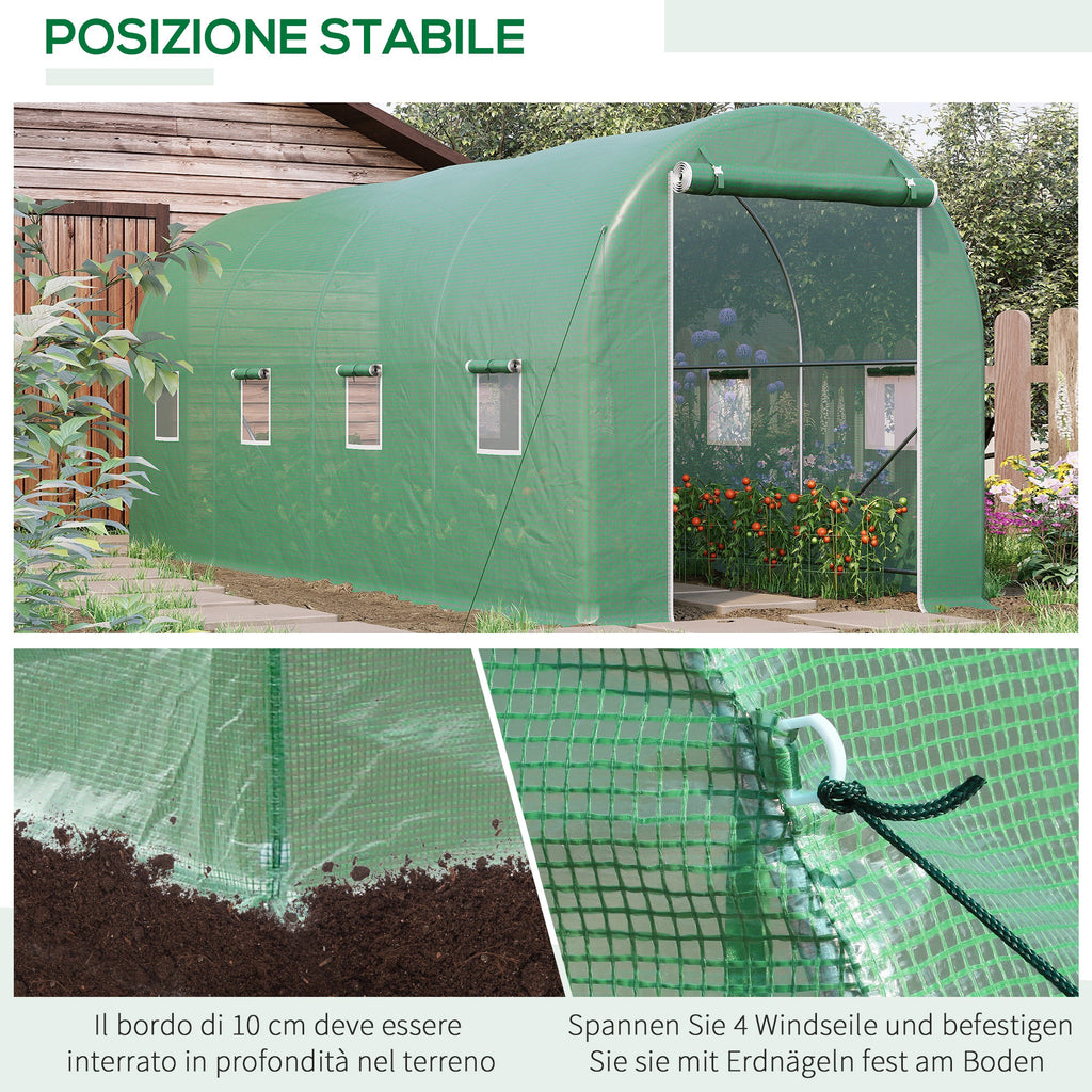 EASYCOMFORT Garden Tunnel Greenhouse 5x2x2 m with 8 Windows and Roller Door, Green