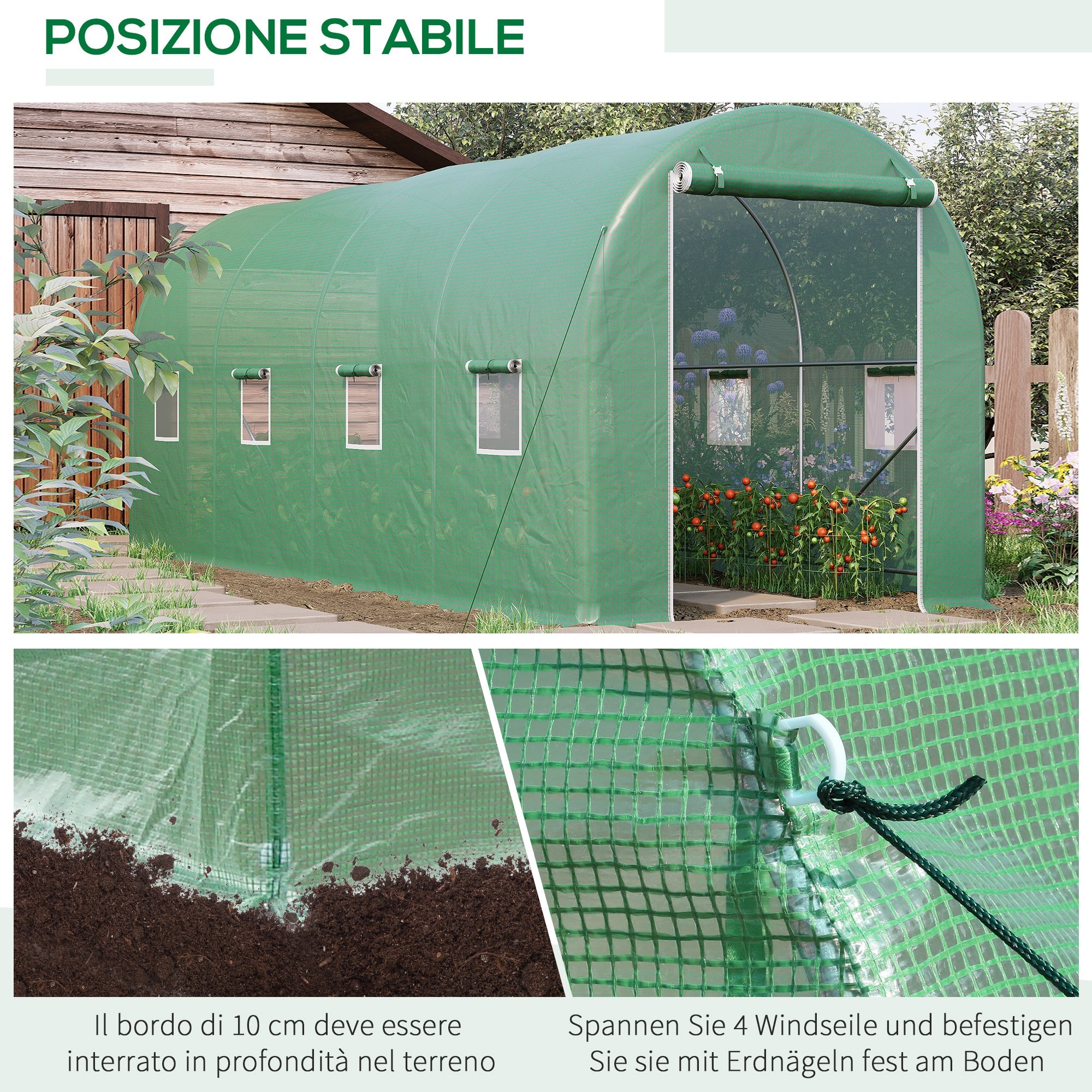 EASYCOMFORT Garden Tunnel Greenhouse 5x2x2 m with 8 Windows and Roller Door, Green