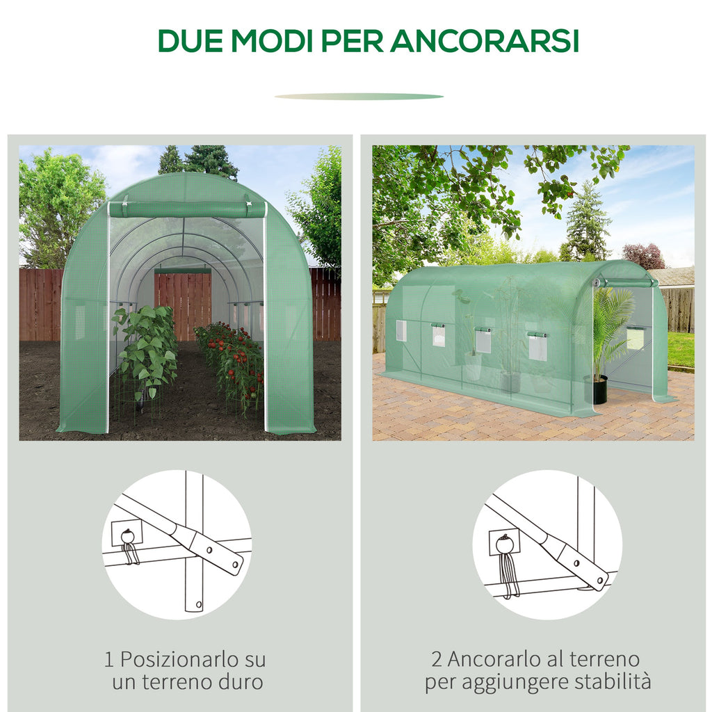 EASYCOMFORT Garden Tunnel Greenhouse 5x2x2 m with 8 Windows and Roller Door, Green