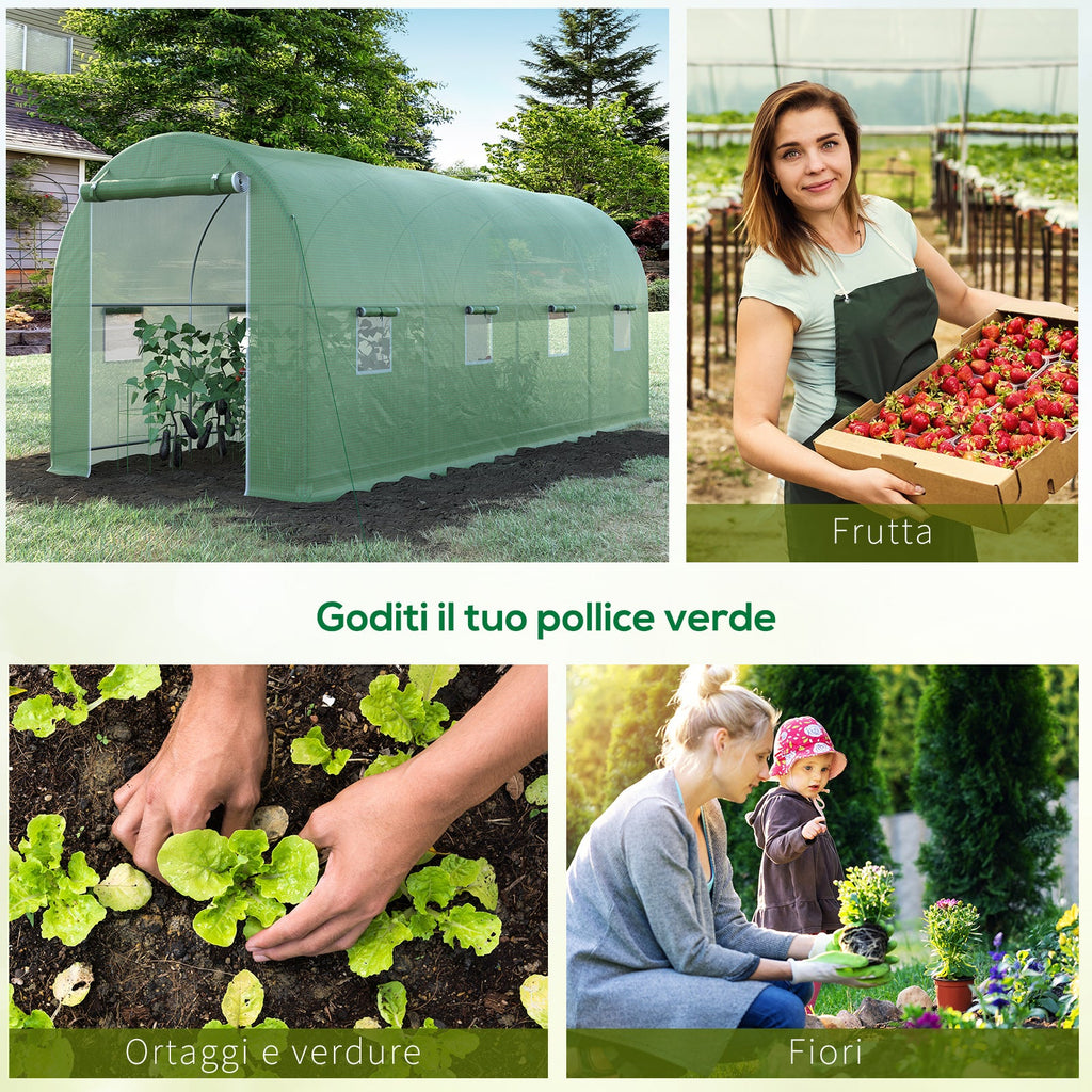 EASYCOMFORT Garden Tunnel Greenhouse 5x2x2 m with 8 Windows and Roller Door, Green