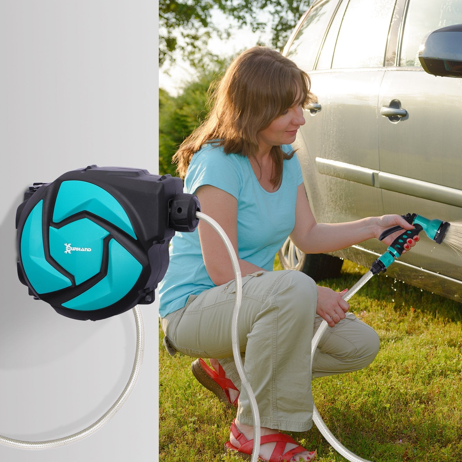 EASYCOMFORT Automatic Garden Hose Reel Adjustable Wall Mounting with 10m Hose, 29.5 x 16.5 x 33