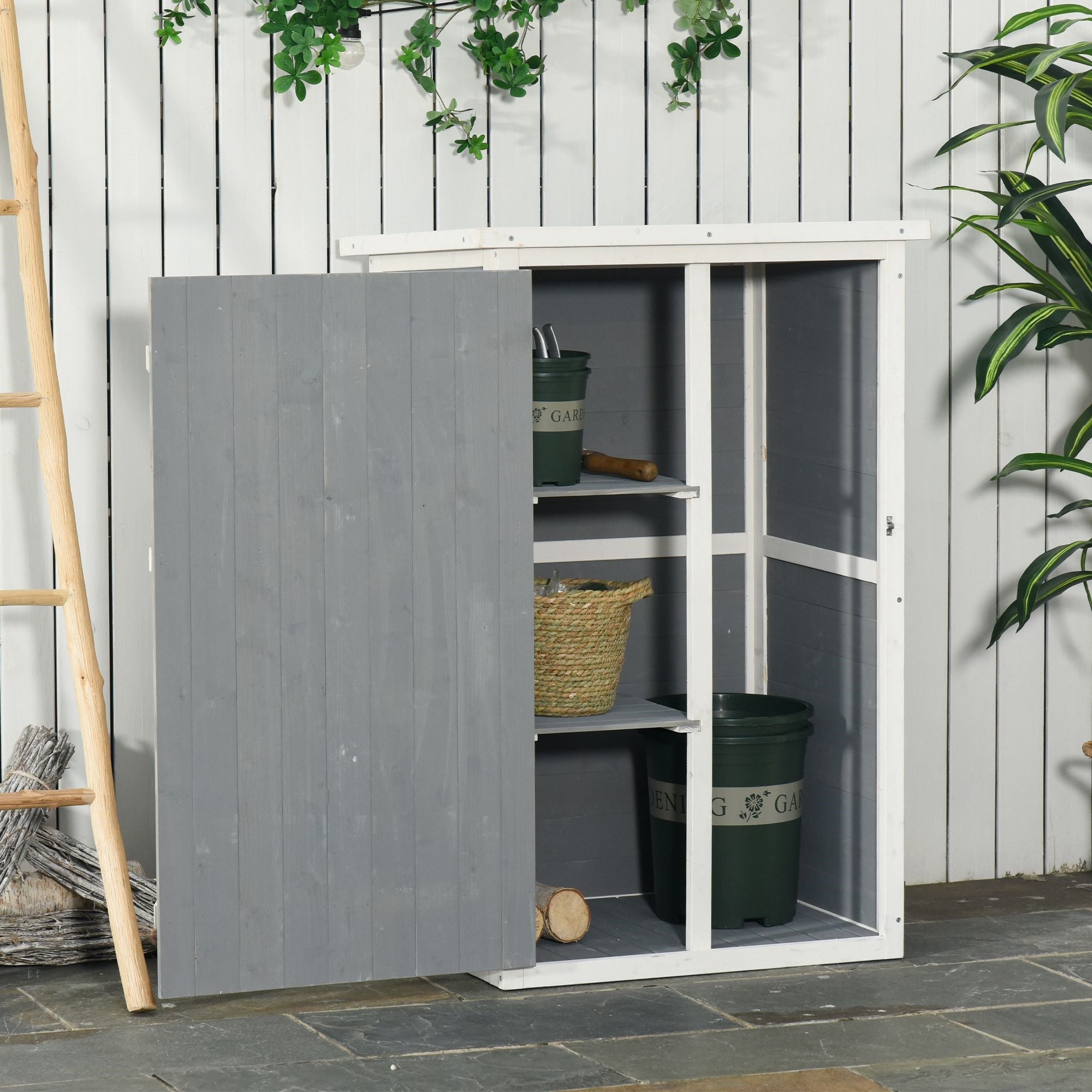EASYCOMFORT Wooden Garden Shed with Waterproof Roof, Outdoor Tool Cabinet with 2 Shelves, 75x56x115cm