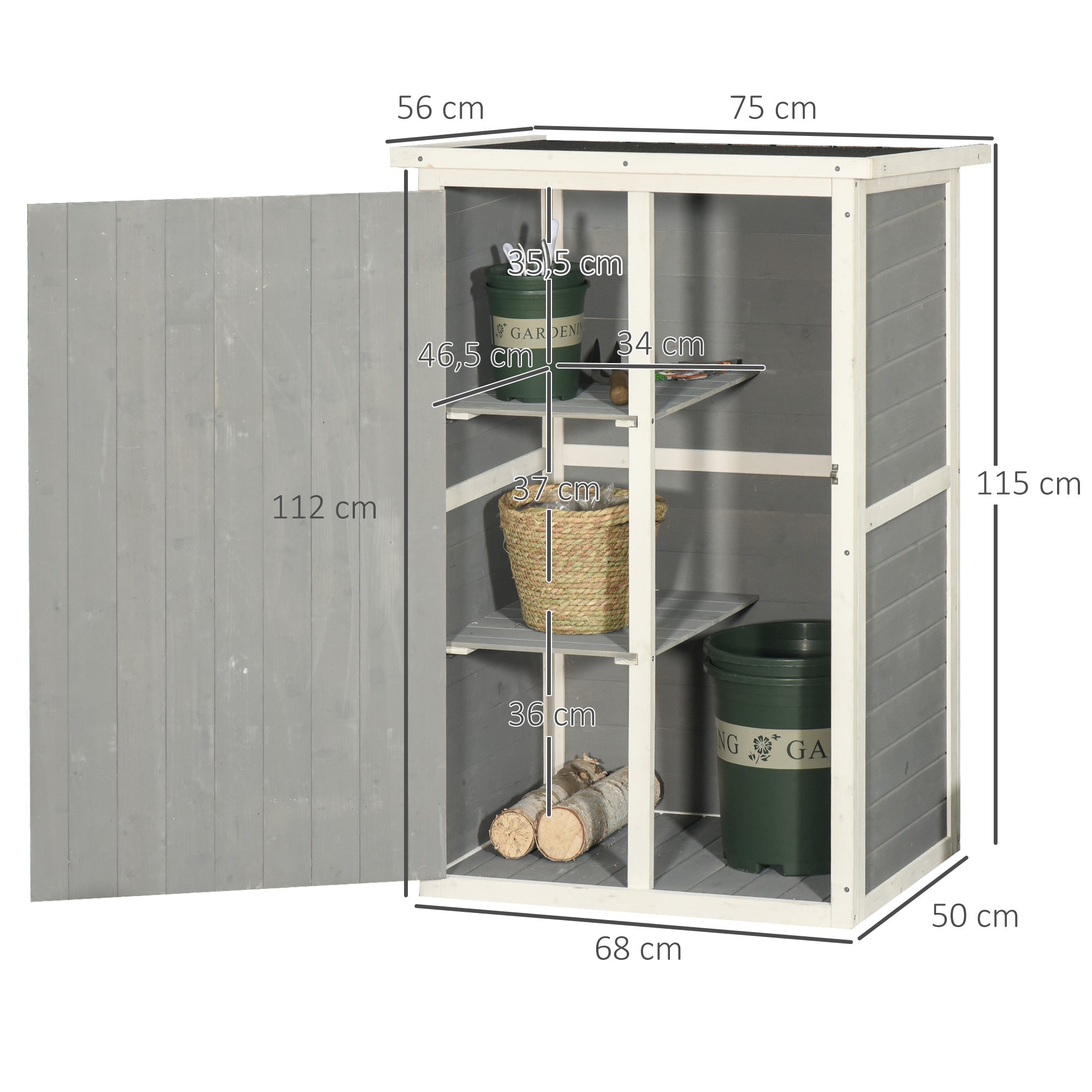 EASYCOMFORT Wooden Garden Shed with Waterproof Roof, Outdoor Tool Cabinet with 2 Shelves, 75x56x115cm