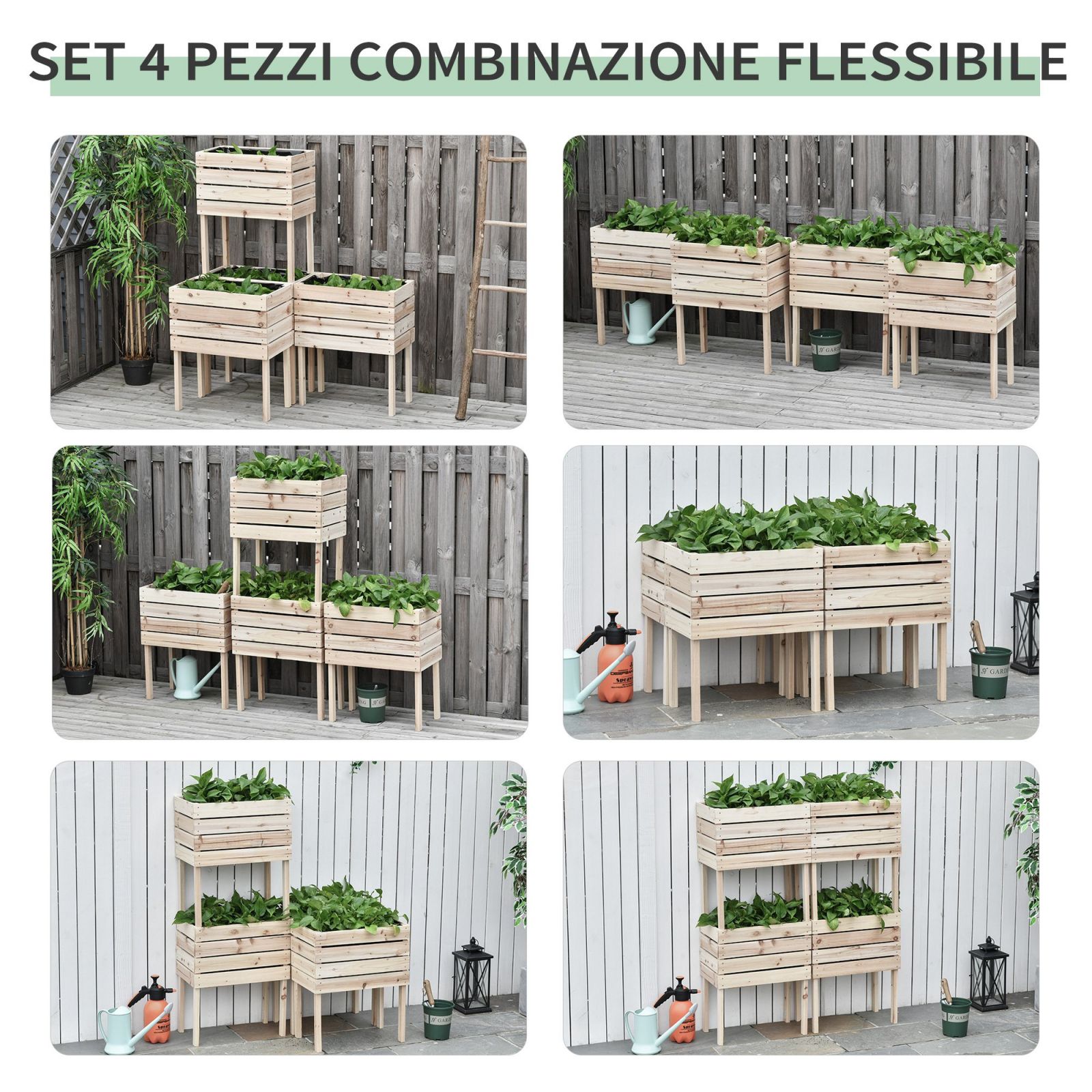 EASYCOMFORT Raised Garden Bed with 4 50x30x60cm Plant Pots, Outdoor Planter in Natural Color Wood
