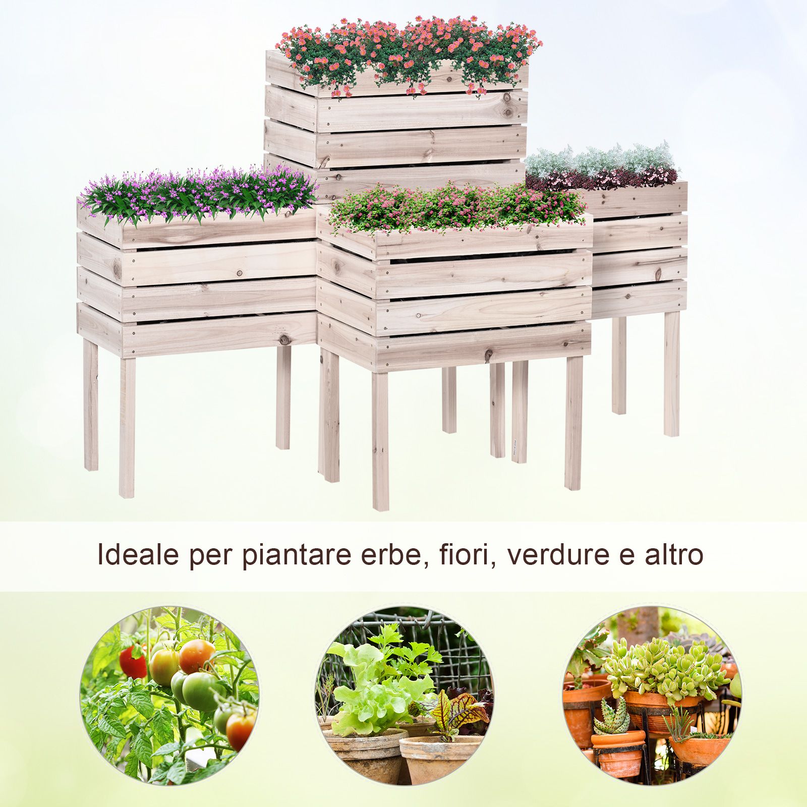EASYCOMFORT Raised Garden Bed with 4 50x30x60cm Plant Pots, Outdoor Planter in Natural Color Wood