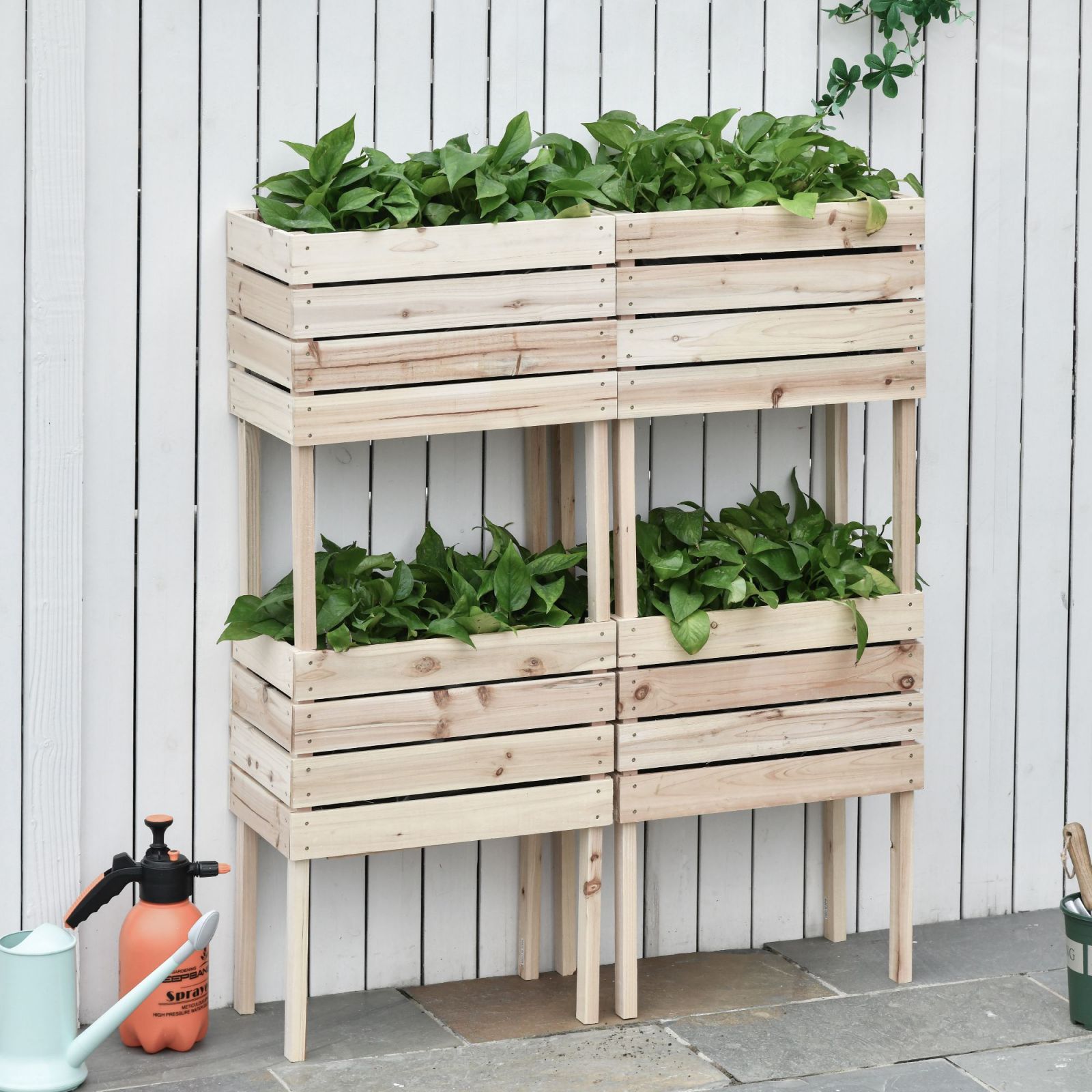 EASYCOMFORT Raised Garden Bed with 4 50x30x60cm Plant Pots, Outdoor Planter in Natural Color Wood