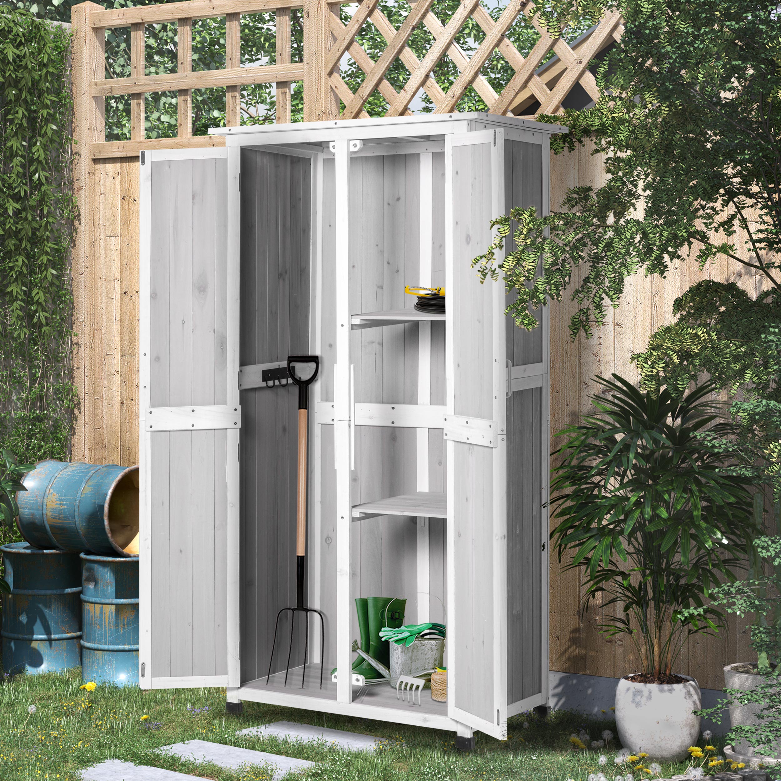 EasyComfort Casetta Porta Attrezzi in Legno di Abete a 3 Livelli with Tetto in Bitume, 77x58x175 cm, Grigio