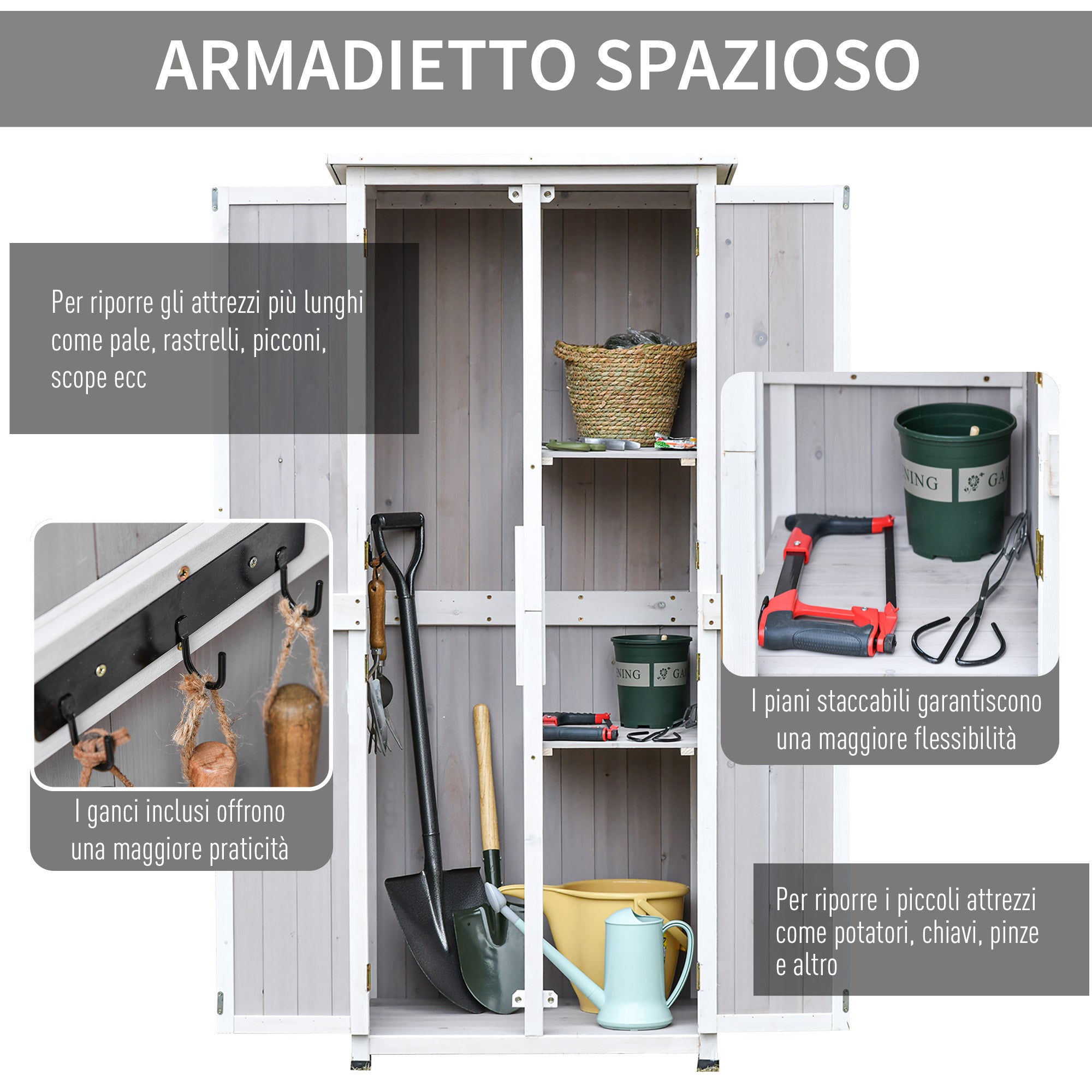 EasyComfort Casetta Porta Attrezzi in Legno di Abete a 3 Livelli with Tetto in Bitume, 77x58x175 cm, Grigio