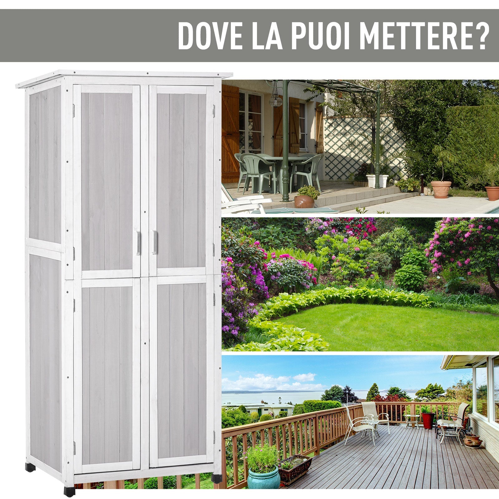 EasyComfort Casetta Porta Attrezzi in Legno di Abete a 3 Livelli with Tetto in Bitume, 77x58x175 cm, Grigio