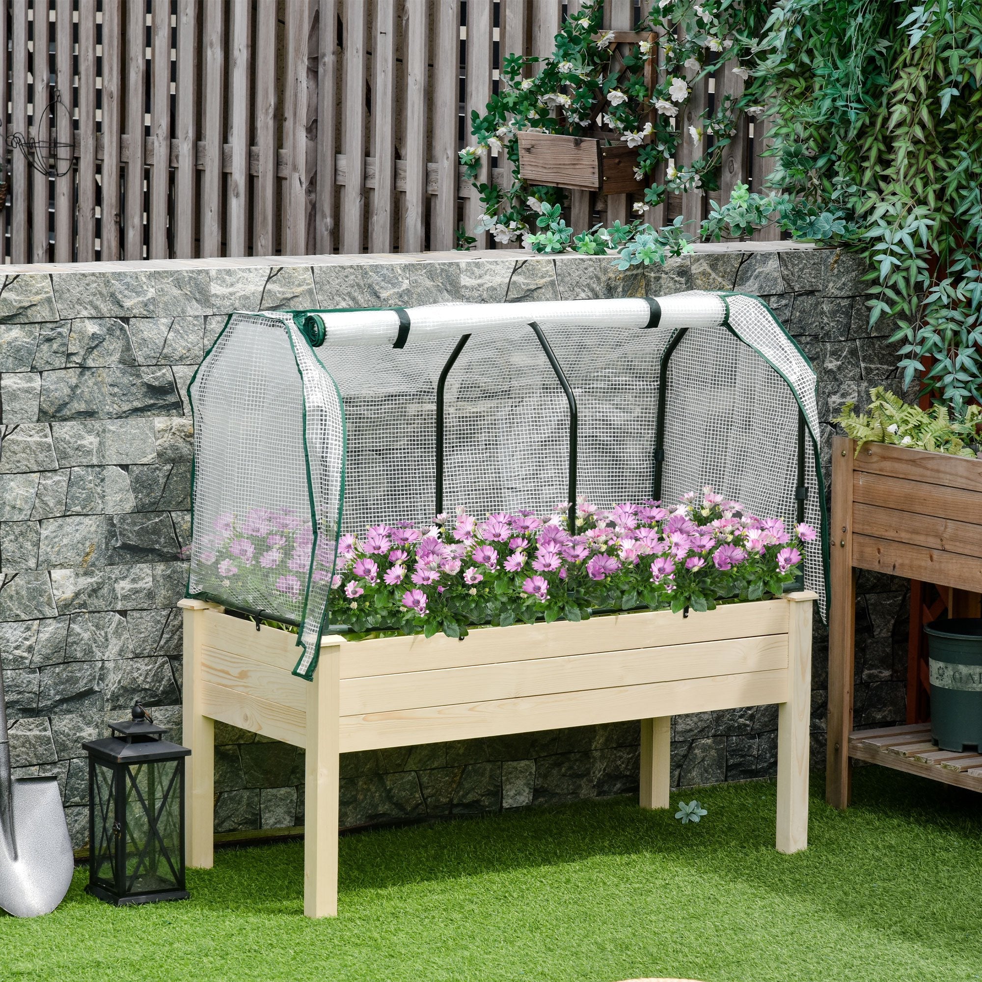Easycomfort Letto per Orto in Cassetta with Serra da Giardino, Portapiante da Esterno in Legno e PE per Fiori e Verdure, 121x55x117cm