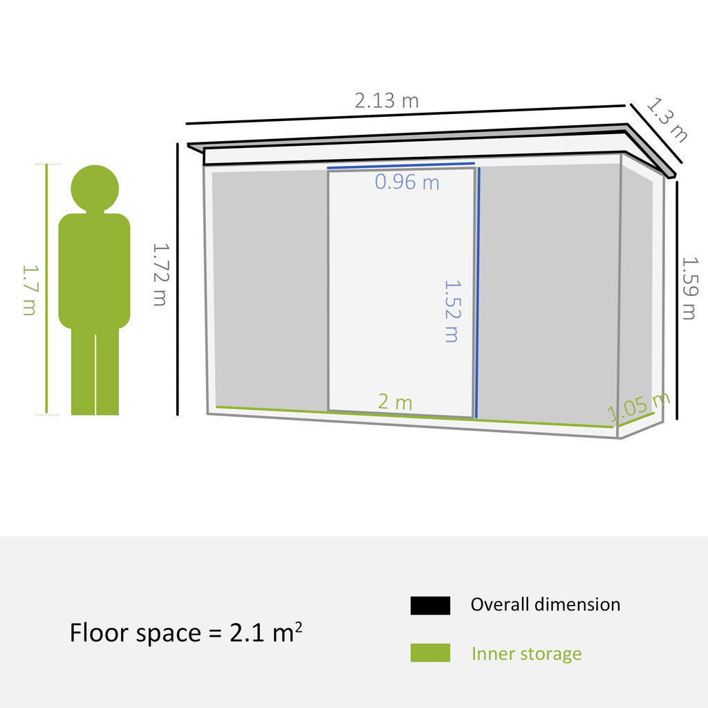 EASYCOMFORT Steel Garden Shed with Double Sliding Door and Air Vents, 213x130x173 cm, Green