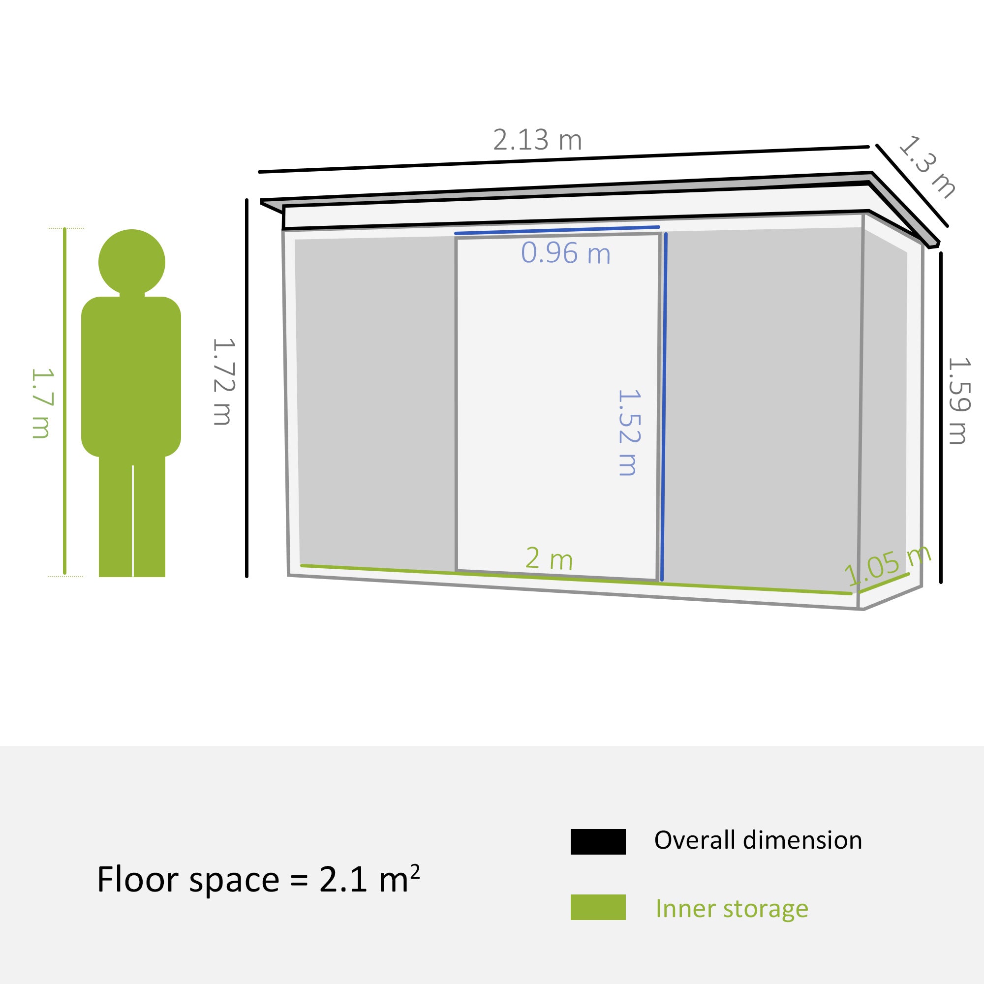 EASYCOMFORT Steel Garden Shed with Double Sliding Door and Air Vents, 213x130x173 cm, Green