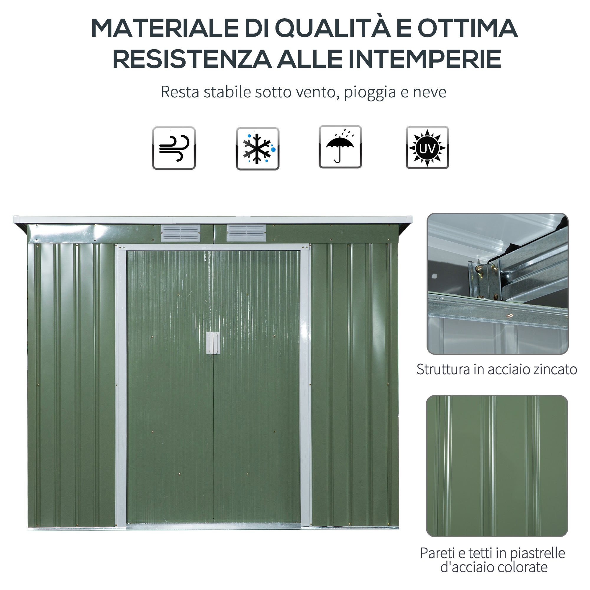 EASYCOMFORT Steel Garden Shed with Double Sliding Door and Air Vents, 213x130x173 cm, Green