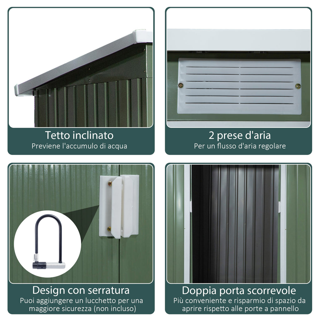 EASYCOMFORT Steel Garden Shed with Double Sliding Door and Air Vents, 213x130x173 cm, Green