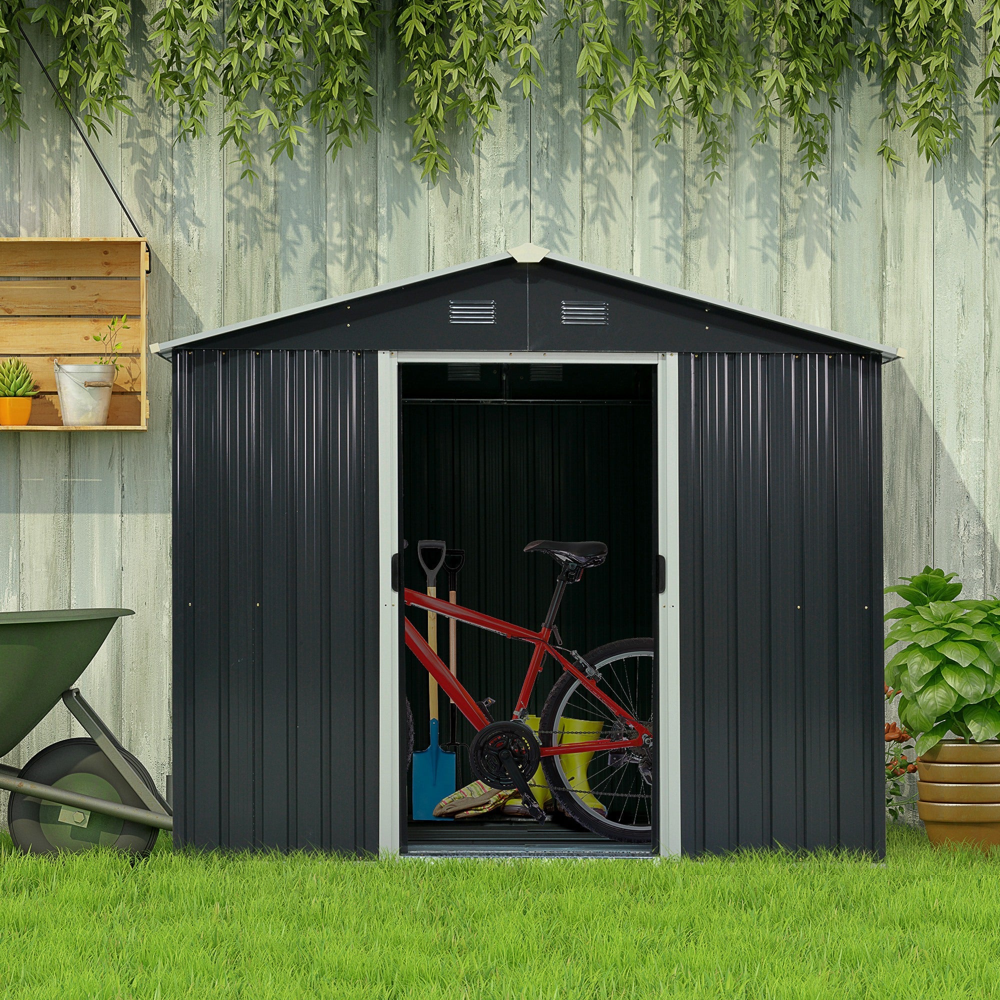 EASYCOMFORT Garden Shed Tool Holder in Sheet Steel, Steel Garden Shed with Sliding Doors, 236x174x190cm, Gray