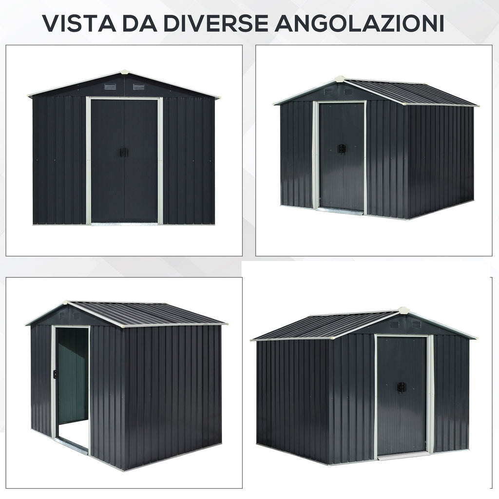 EASYCOMFORT Garden Shed Tool Holder in Sheet Steel, Steel Garden Shed with Sliding Doors, 236x174x190cm, Gray