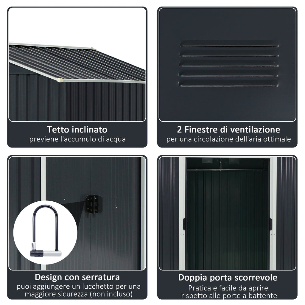 EASYCOMFORT Garden Shed Tool Holder in Sheet Steel, Steel Garden Shed with Sliding Doors, 236x174x190cm, Gray