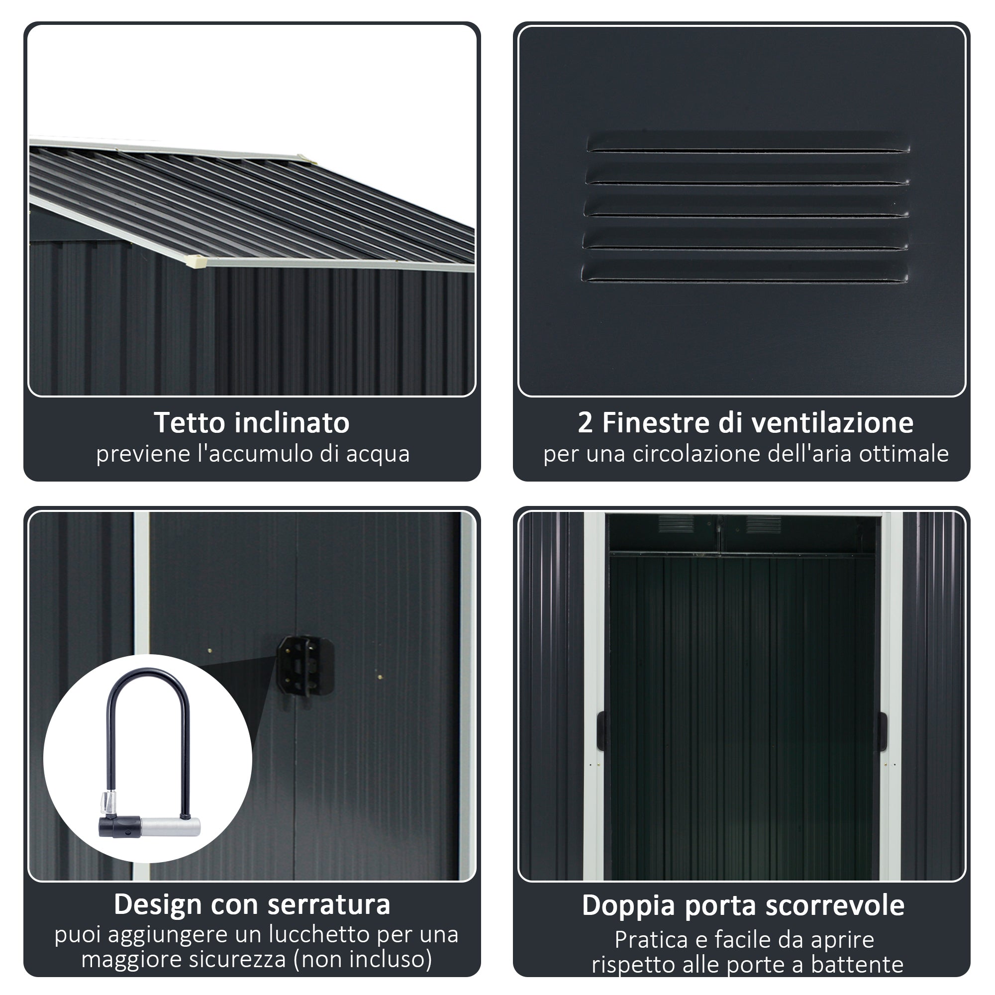 EASYCOMFORT Garden Shed Tool Holder in Sheet Steel, Steel Garden Shed with Sliding Doors, 236x174x190cm, Gray