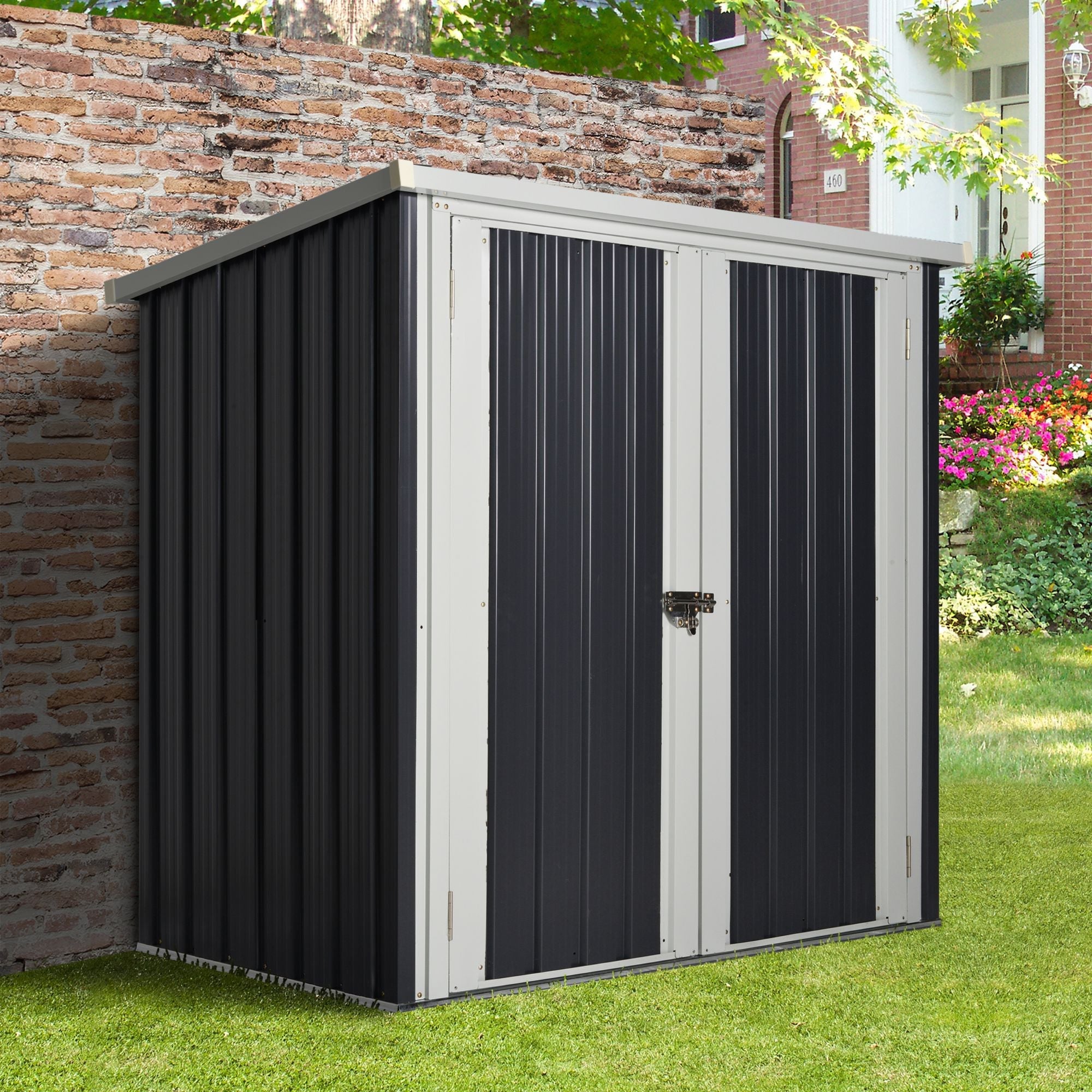 EASYCOMFORT Garden Shed in Sheet Steel with Double Door, 147x86x134cm, Black and White